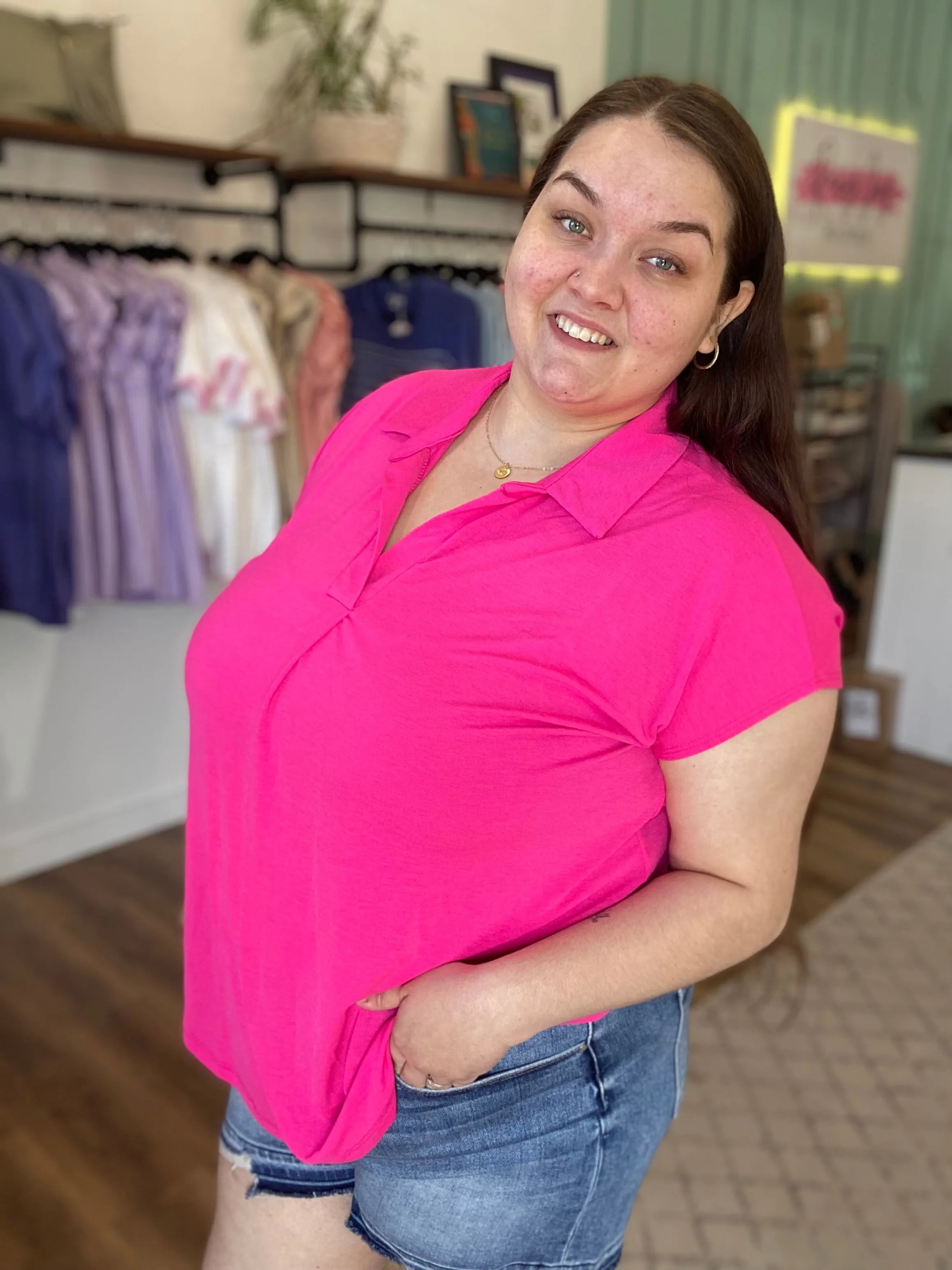 Shop Hot Pink Notch Neck Collared Top- at Ruby Joy Boutique, a Women's Clothing Store in Pickerington, Ohio