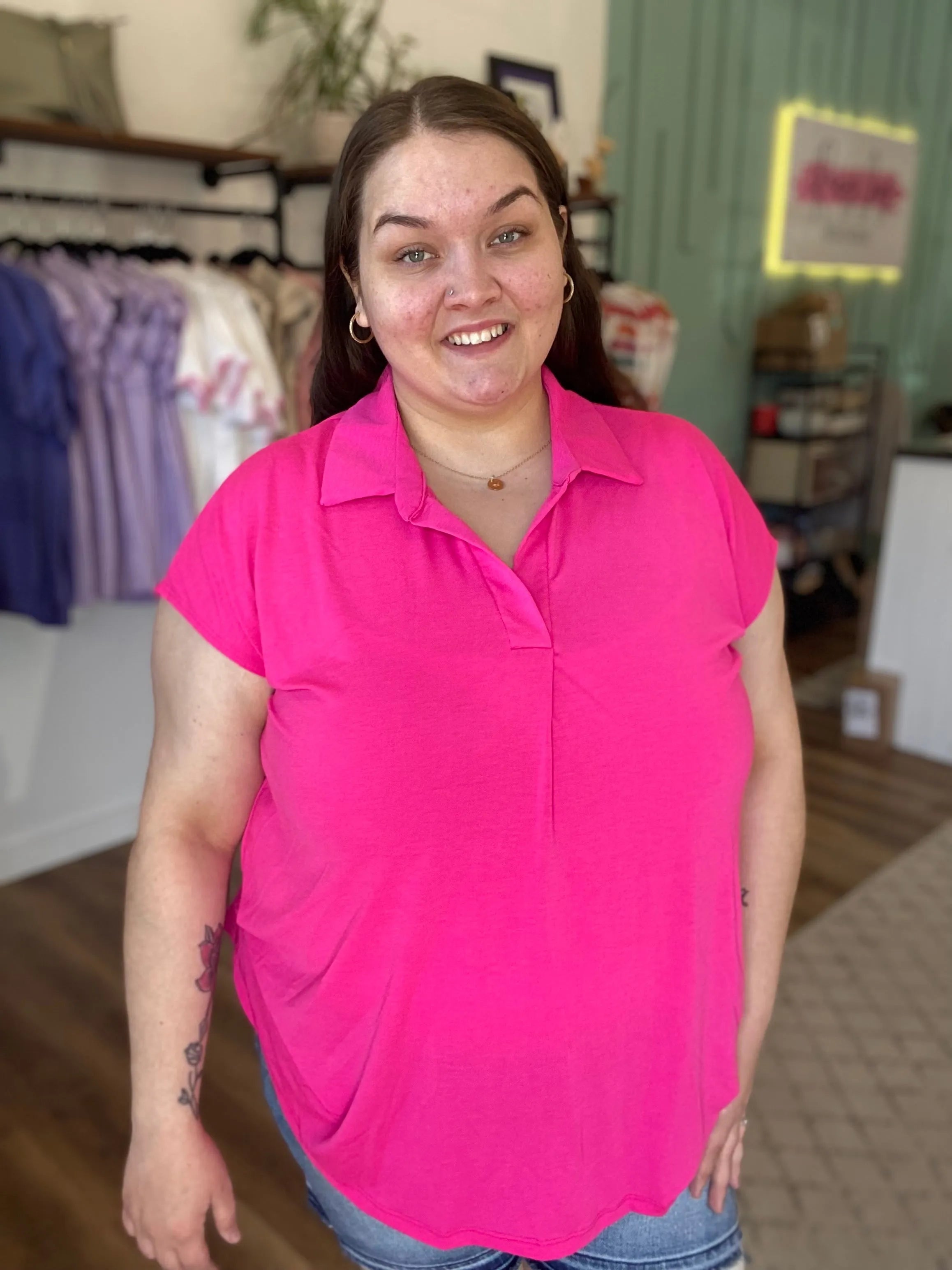 Shop Hot Pink Notch Neck Collared Top- at Ruby Joy Boutique, a Women's Clothing Store in Pickerington, Ohio