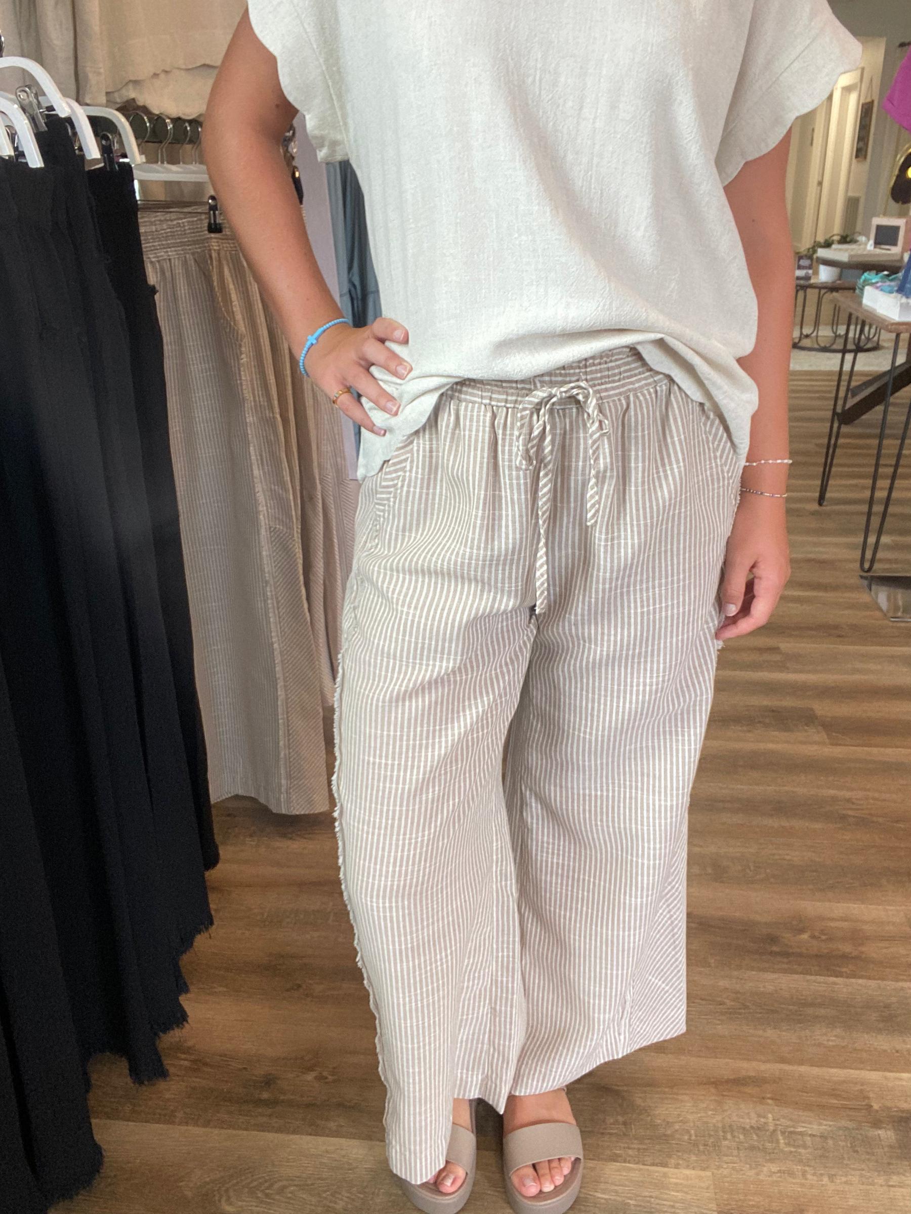 Shop Striped Wide Leg Linen Blend Pants - Tan- at Ruby Joy Boutique, a Women's Clothing Store in Pickerington, Ohio