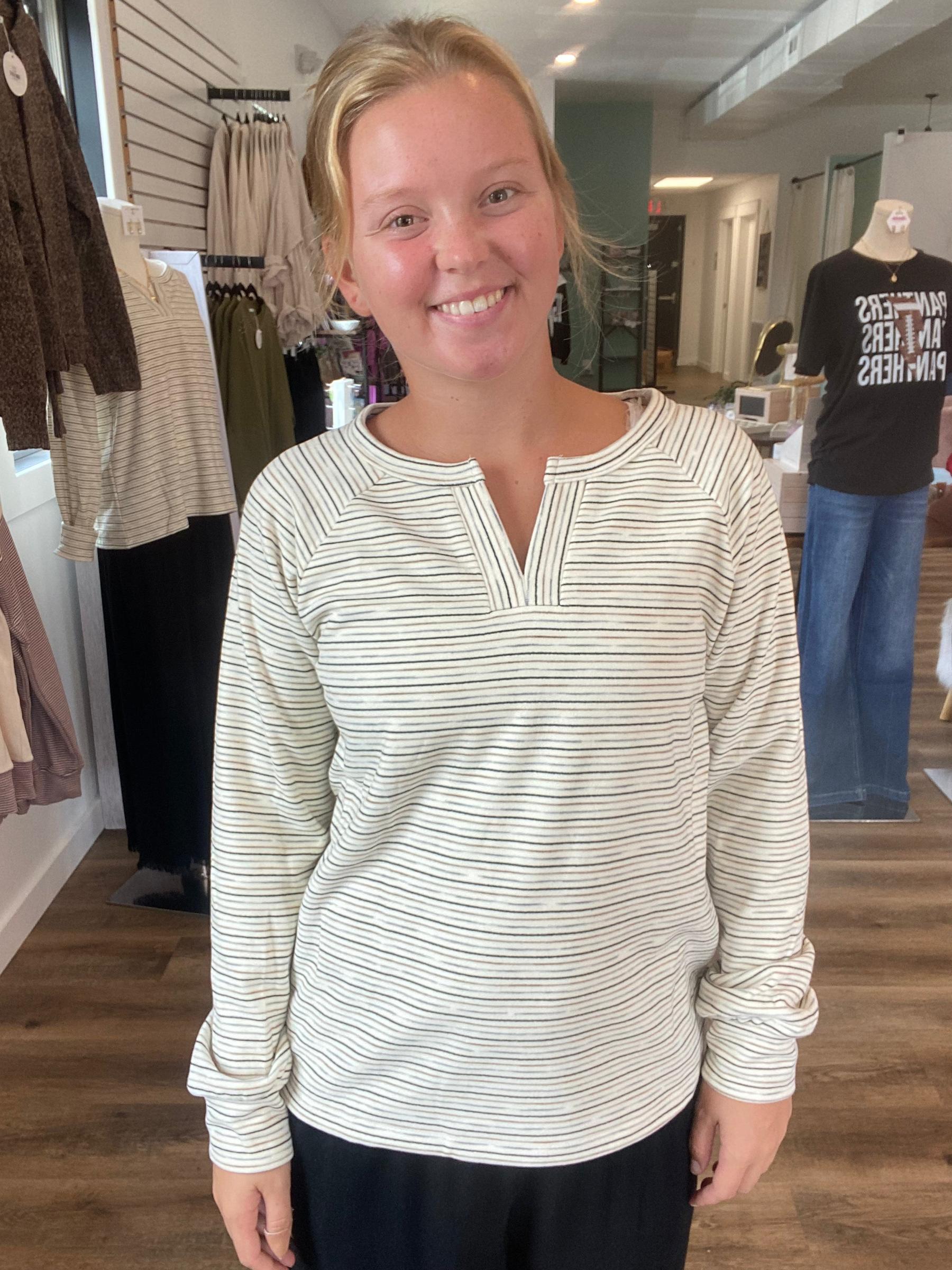 Shop Split Neck Micro Brushed Stripe Top: Ivory- at Ruby Joy Boutique, a Women's Clothing Store in Pickerington, Ohio