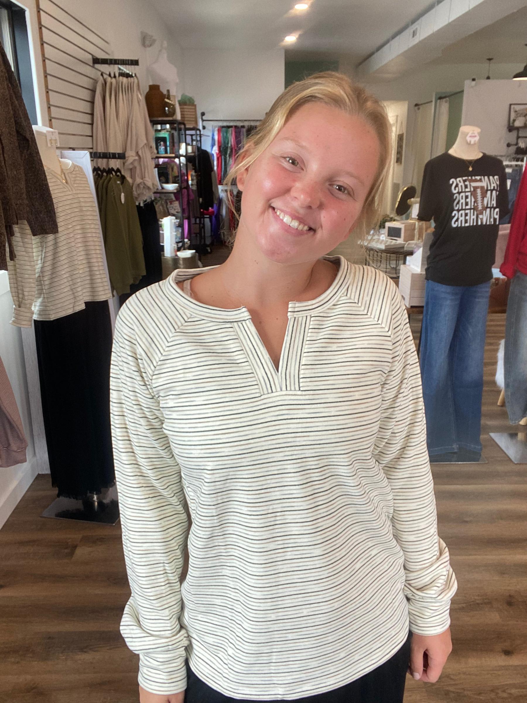 Shop Split Neck Micro Brushed Stripe Top: Ivory- at Ruby Joy Boutique, a Women's Clothing Store in Pickerington, Ohio