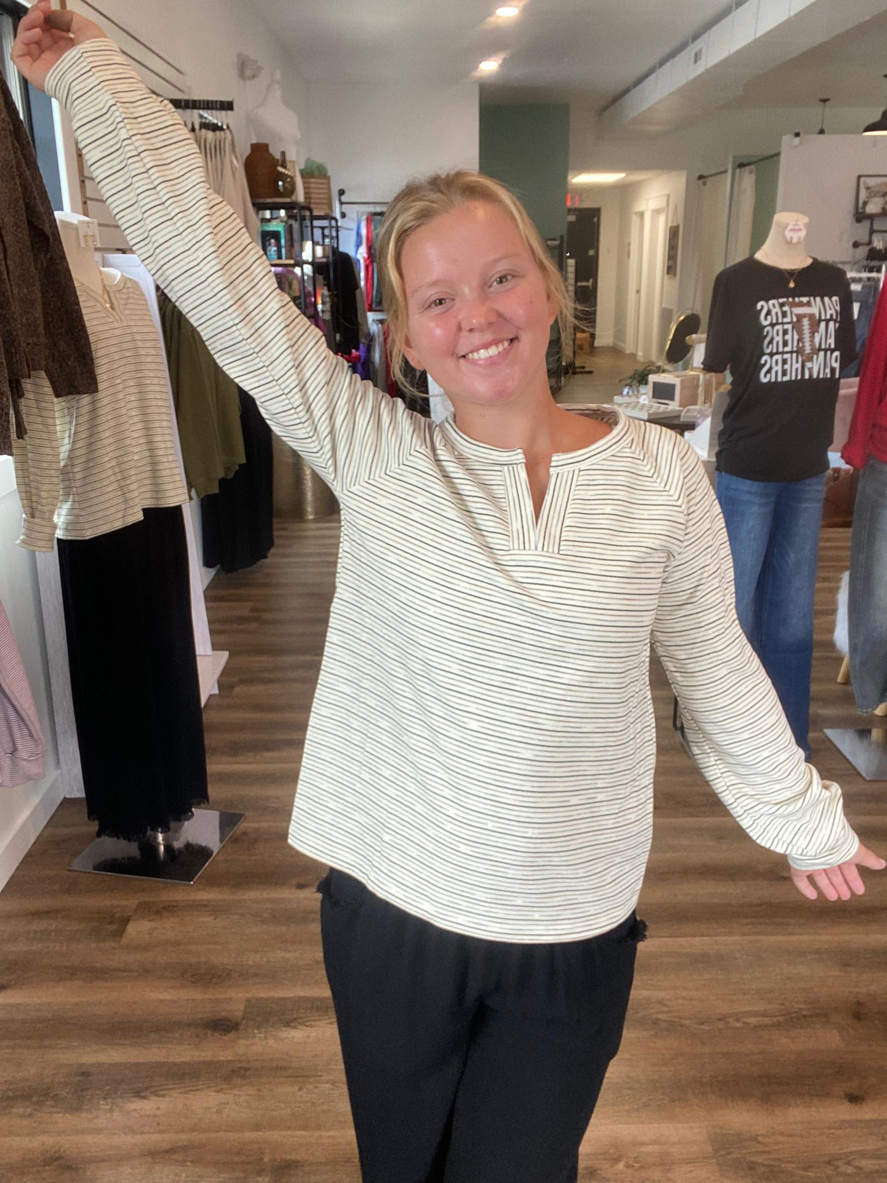 Shop Split Neck Micro Brushed Stripe Top: Ivory- at Ruby Joy Boutique, a Women's Clothing Store in Pickerington, Ohio