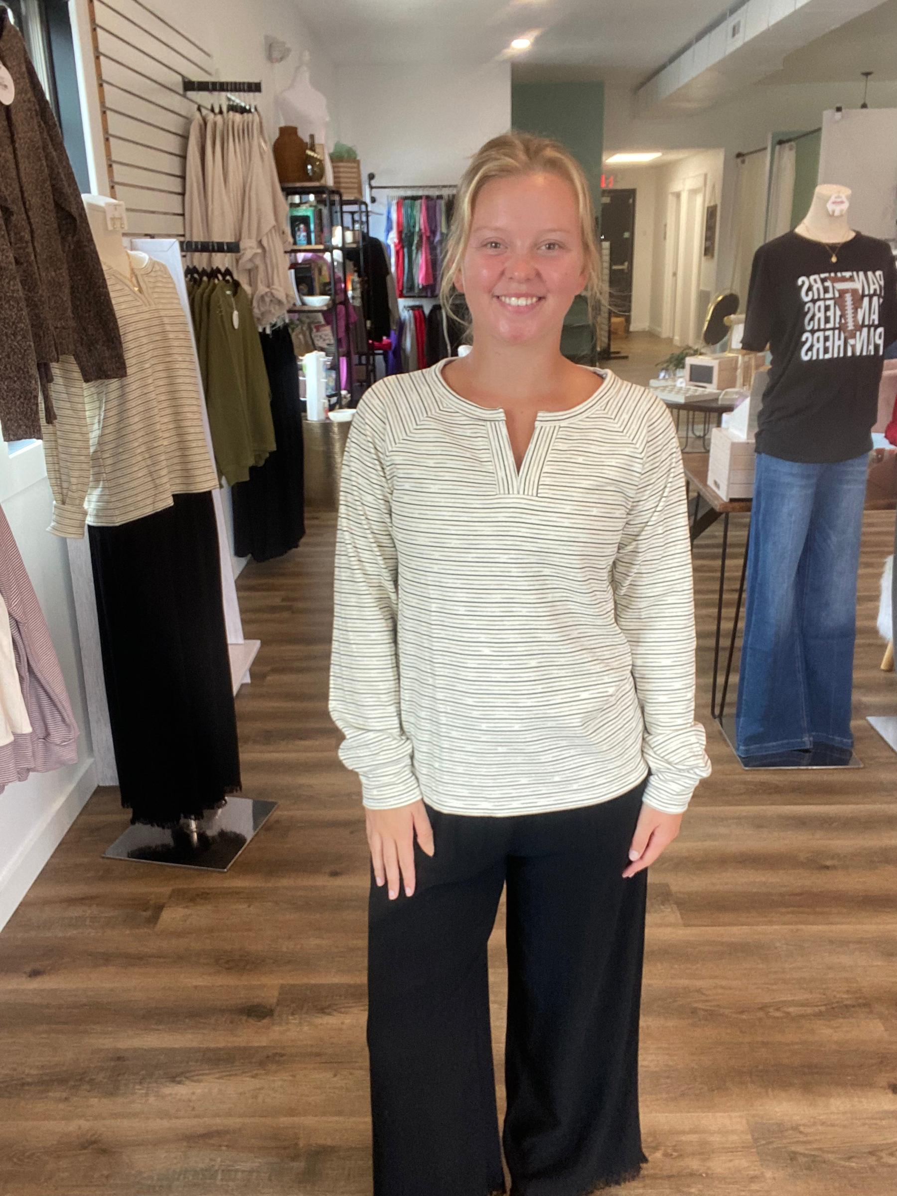 Shop Split Neck Micro Brushed Stripe Top: Ivory- at Ruby Joy Boutique, a Women's Clothing Store in Pickerington, Ohio