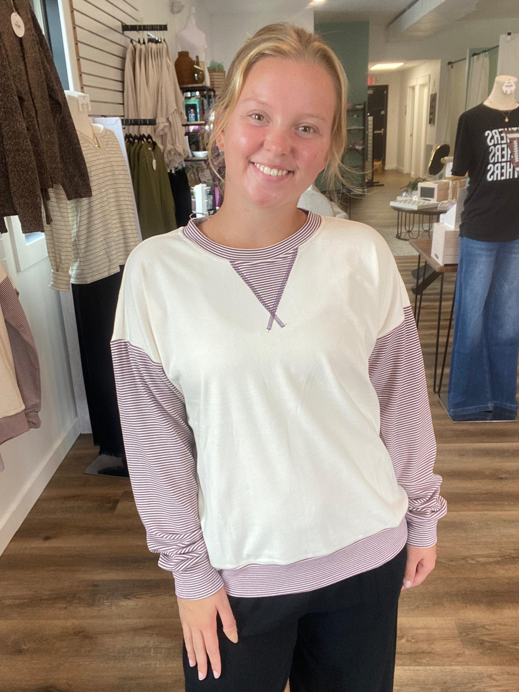 Shop Color Block Brushed Top | Purple Pinstripes- at Ruby Joy Boutique, a Women's Clothing Store in Pickerington, Ohio