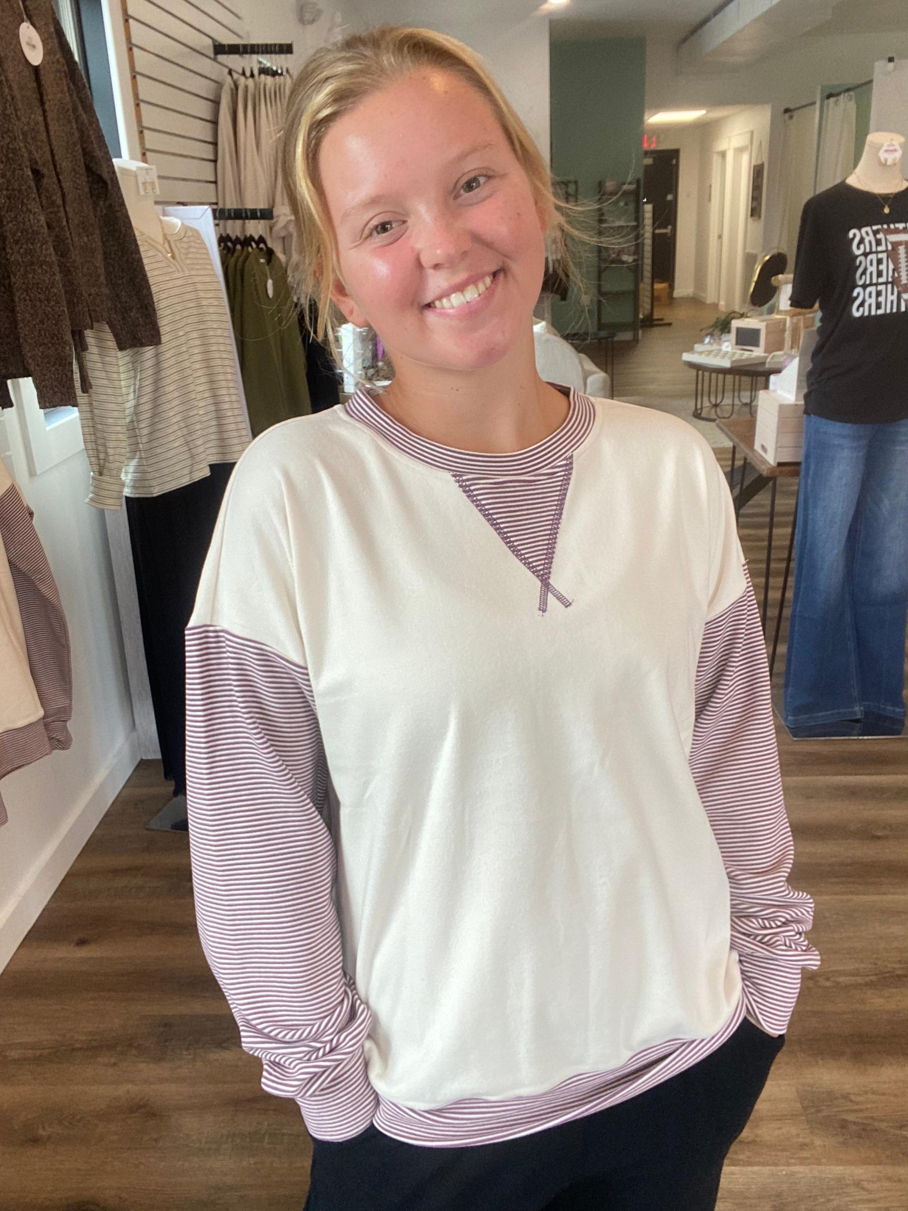 Shop Color Block Brushed Top | Purple Pinstripes- at Ruby Joy Boutique, a Women's Clothing Store in Pickerington, Ohio