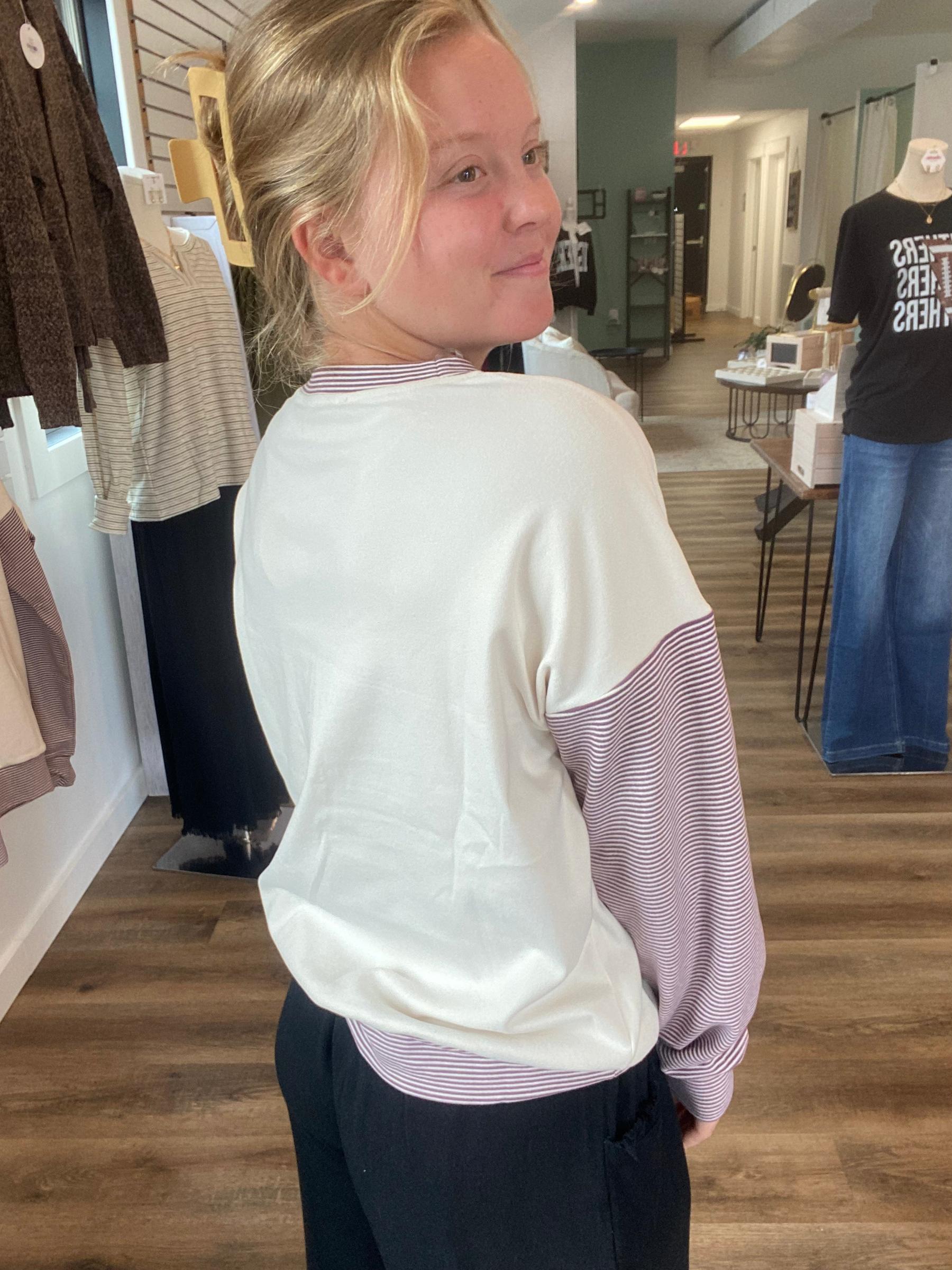 Shop Color Block Brushed Top | Purple Pinstripes- at Ruby Joy Boutique, a Women's Clothing Store in Pickerington, Ohio