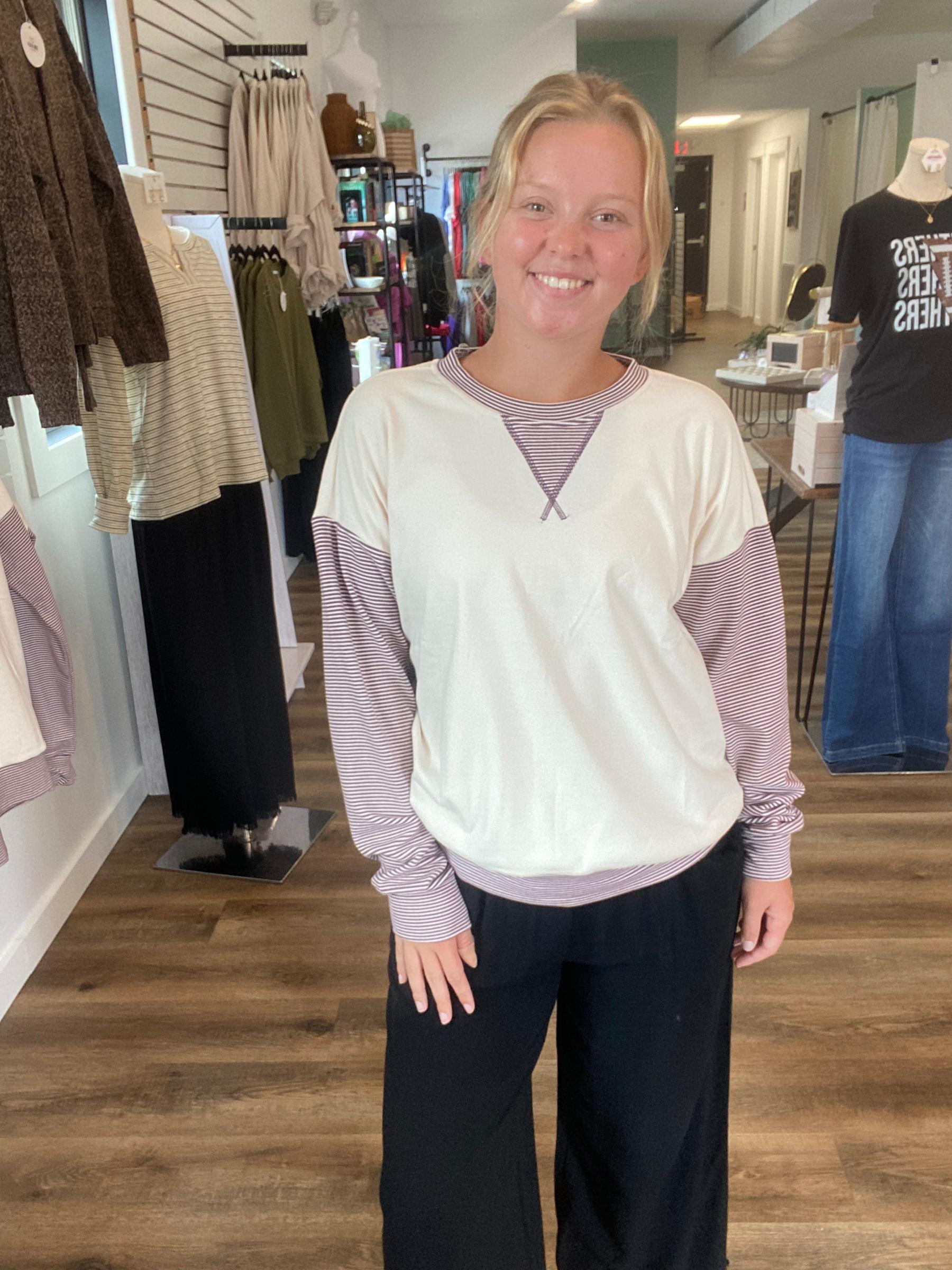 Shop Color Block Brushed Top | Purple Pinstripes- at Ruby Joy Boutique, a Women's Clothing Store in Pickerington, Ohio