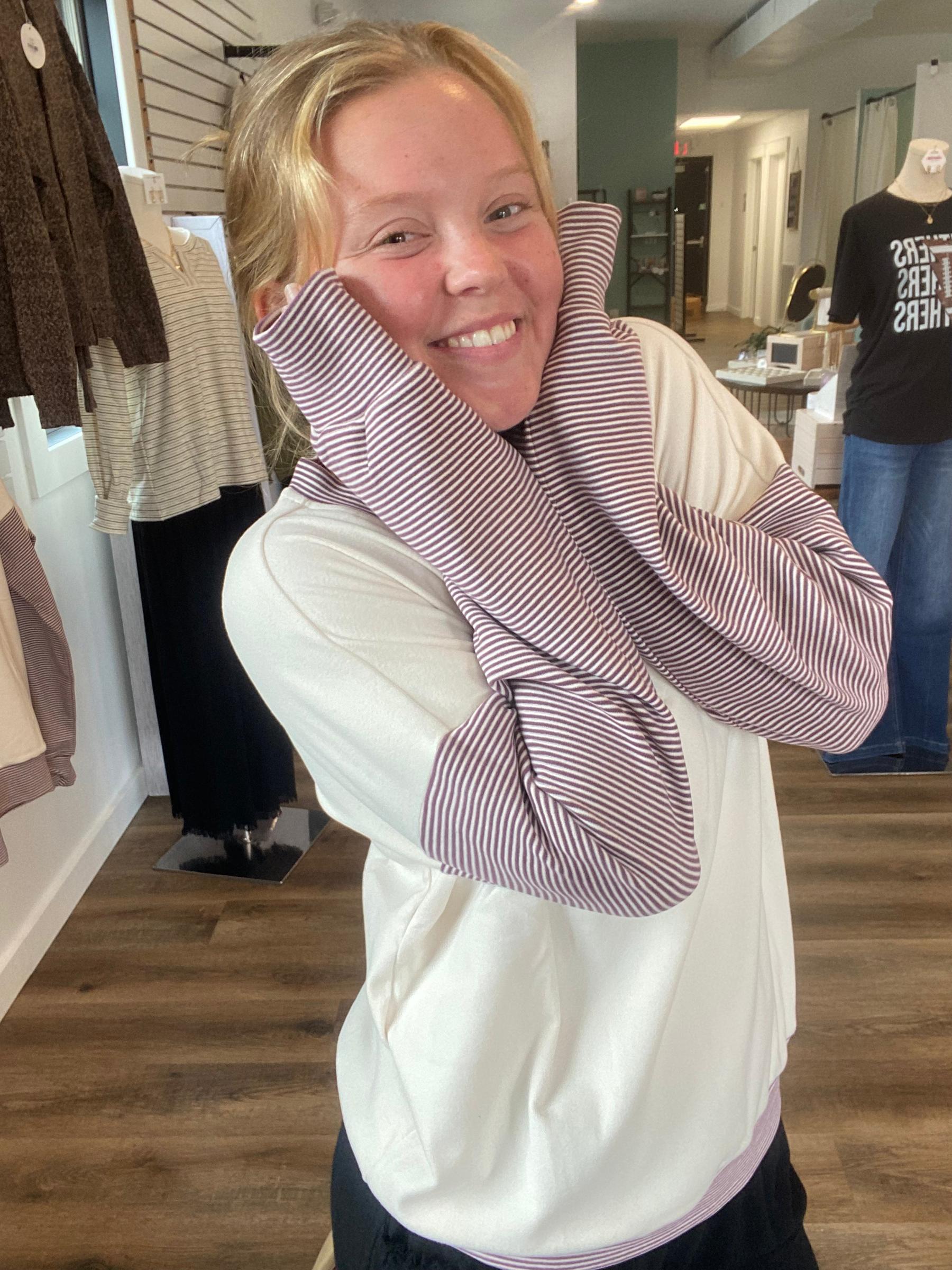 Shop Color Block Brushed Top | Purple Pinstripes- at Ruby Joy Boutique, a Women's Clothing Store in Pickerington, Ohio