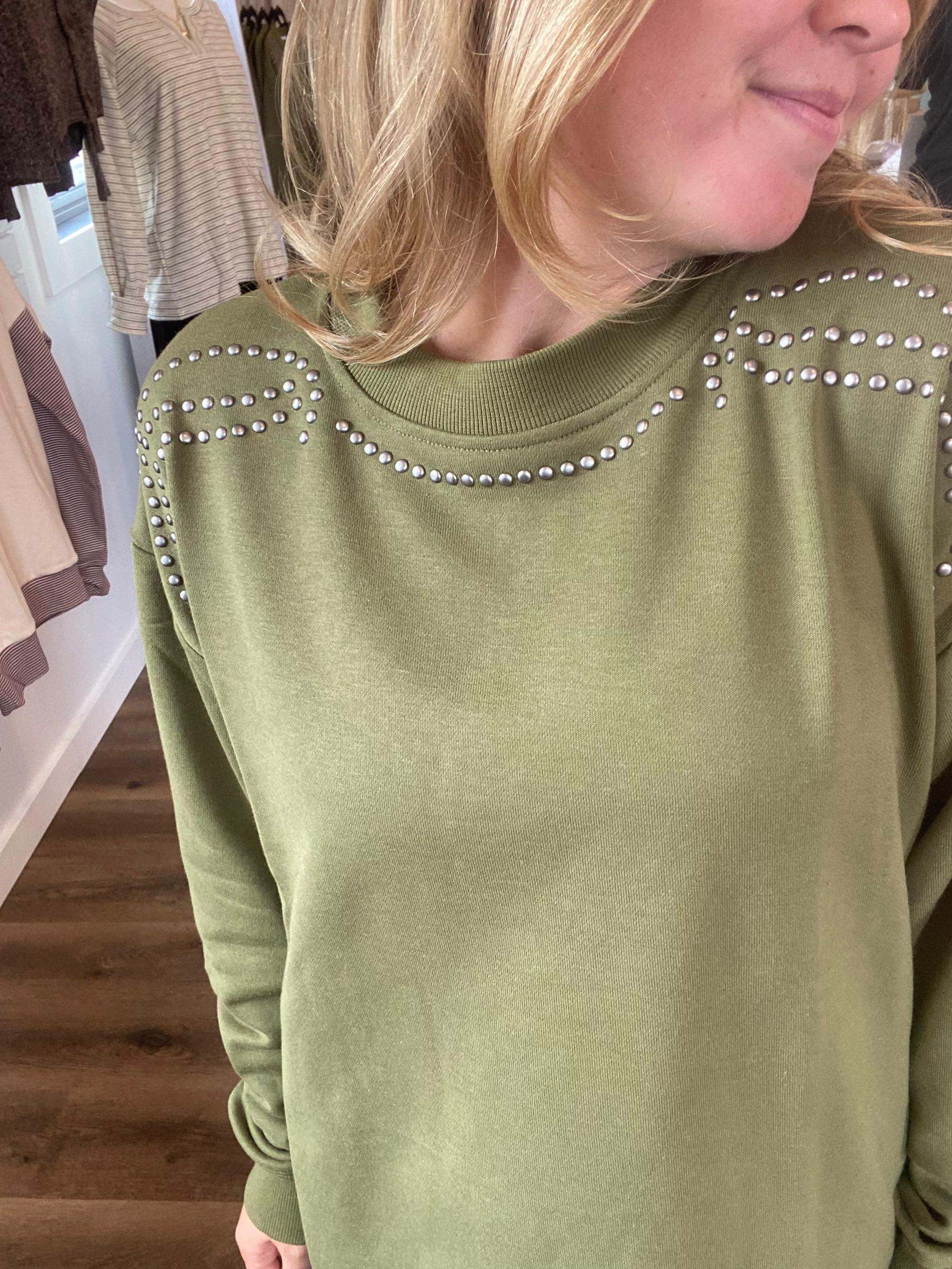 Shop Stud Shoulder Sweatshirt: Olive- at Ruby Joy Boutique, a Women's Clothing Store in Pickerington, Ohio