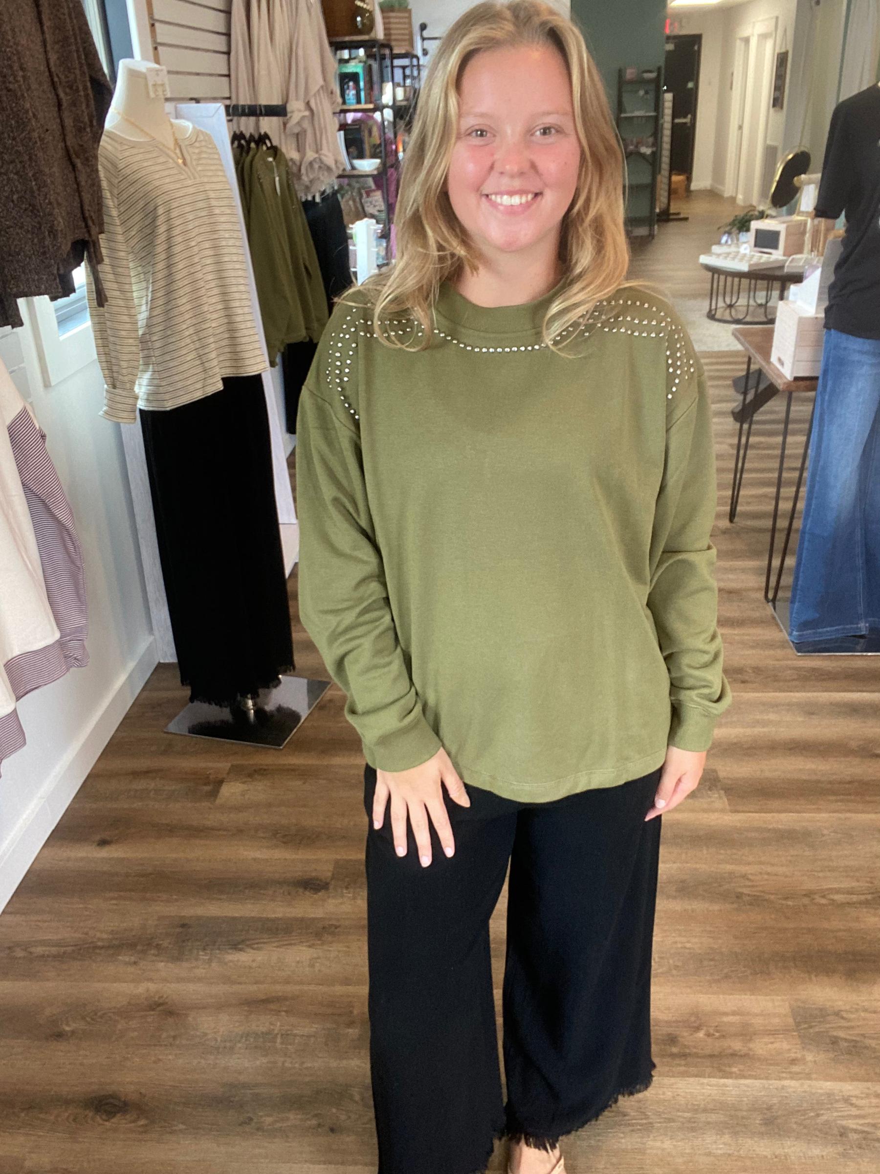 Shop Stud Shoulder Sweatshirt: Olive- at Ruby Joy Boutique, a Women's Clothing Store in Pickerington, Ohio
