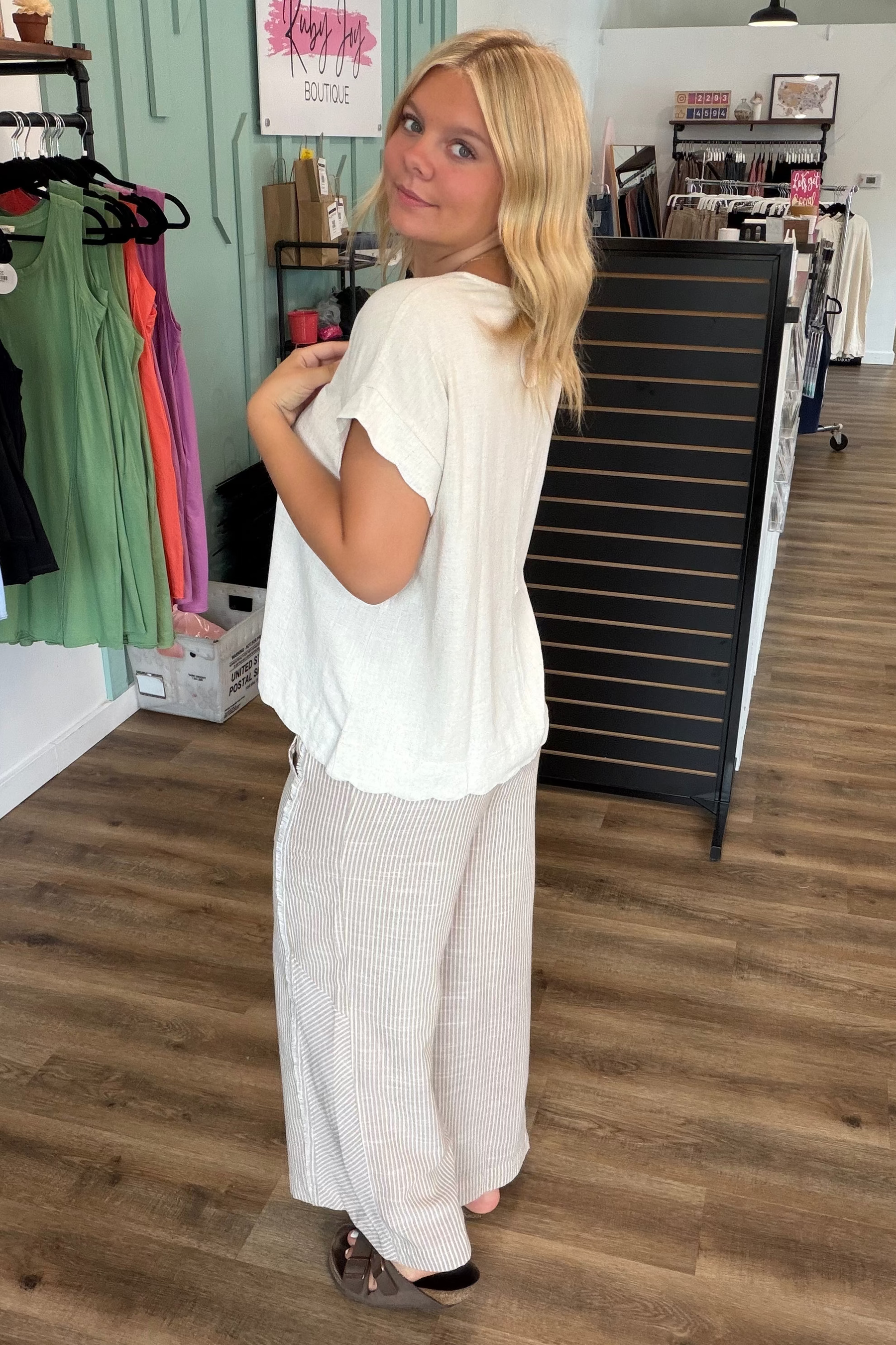 Shop Striped Wide Leg Linen Blend Pants - Tan- at Ruby Joy Boutique, a Women's Clothing Store in Pickerington, Ohio