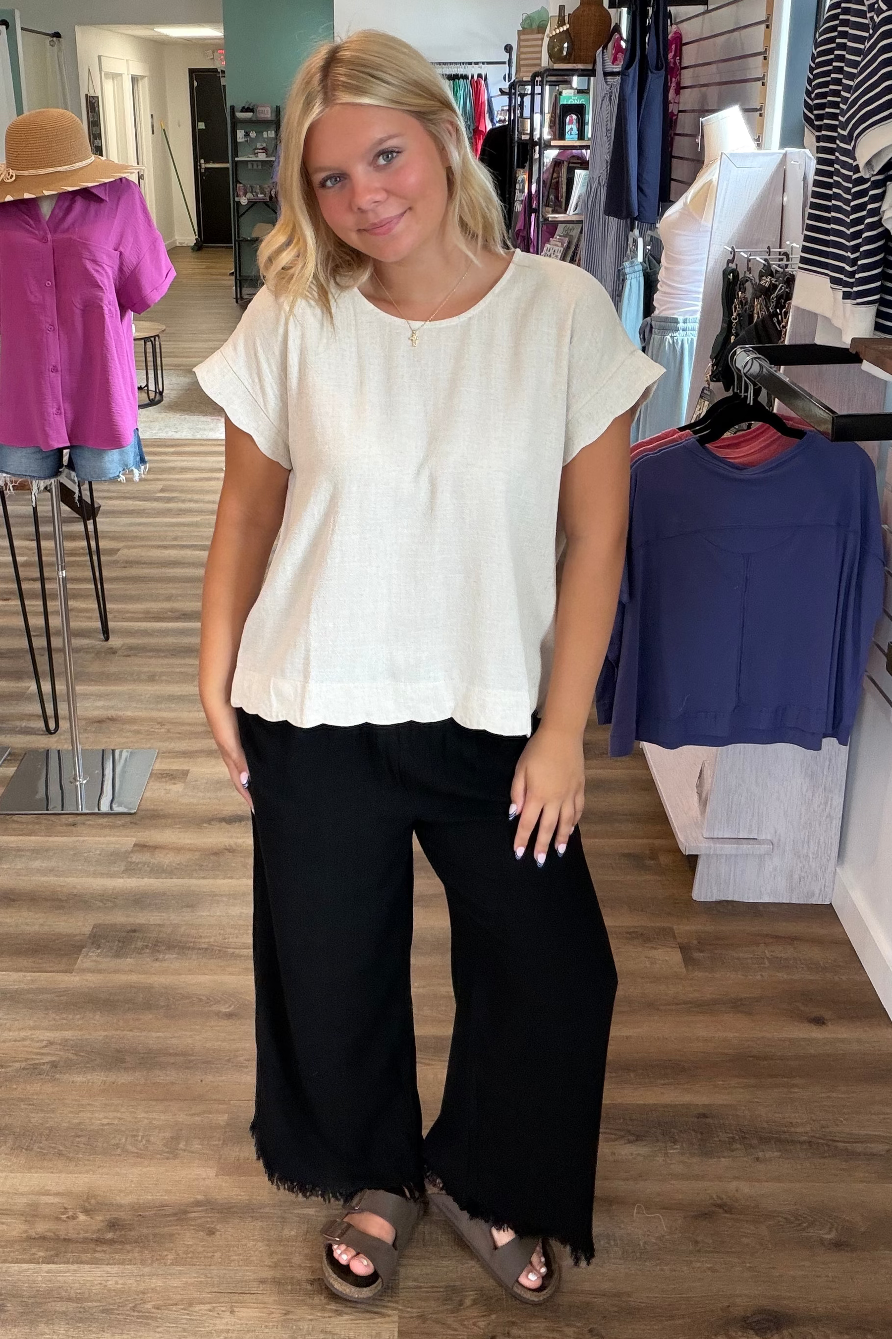 Shop Frayed Hem Wide Leg Linen Blend Pants - Black- at Ruby Joy Boutique, a Women's Clothing Store in Pickerington, Ohio