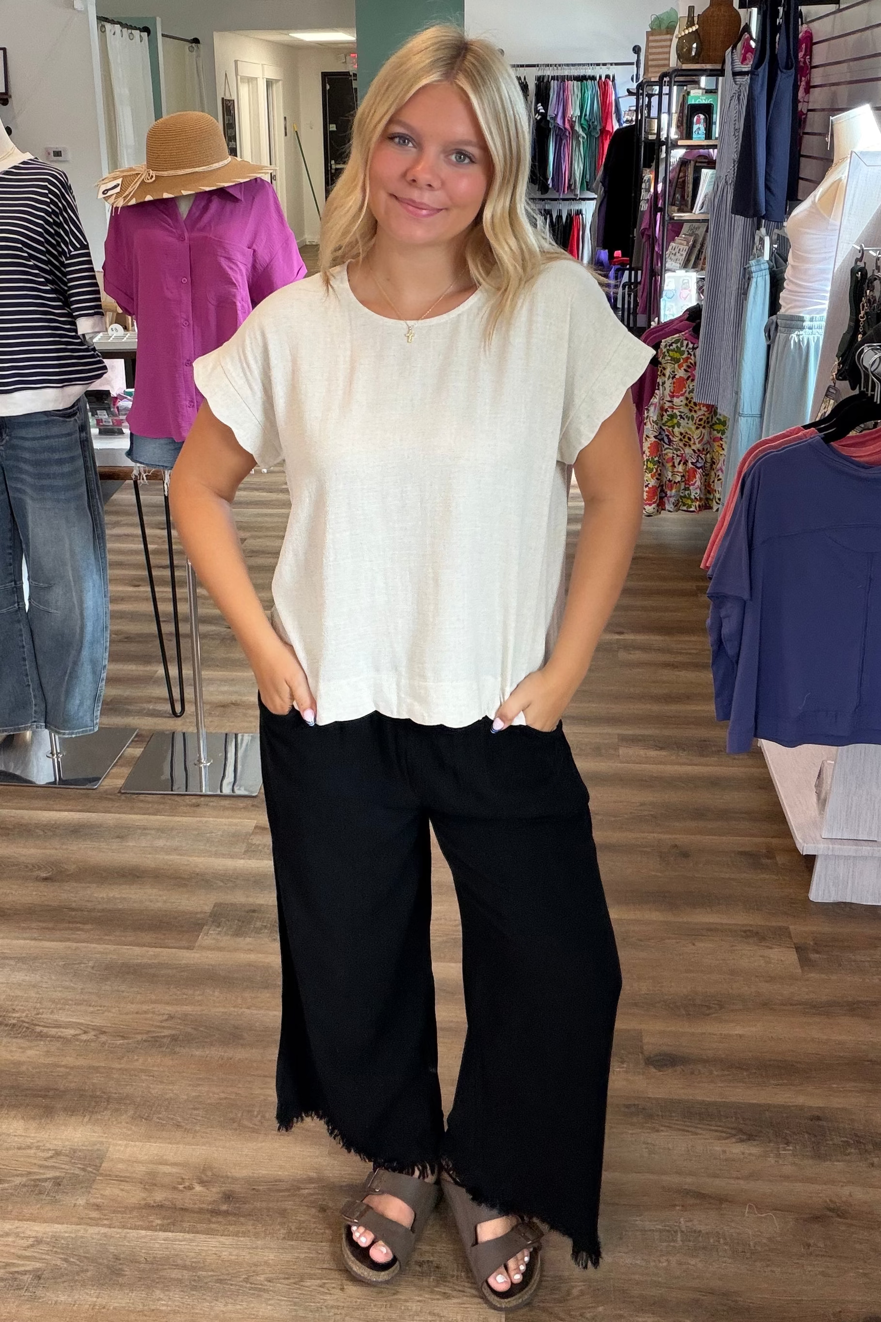 Shop Frayed Hem Wide Leg Linen Blend Pants - Black- at Ruby Joy Boutique, a Women's Clothing Store in Pickerington, Ohio