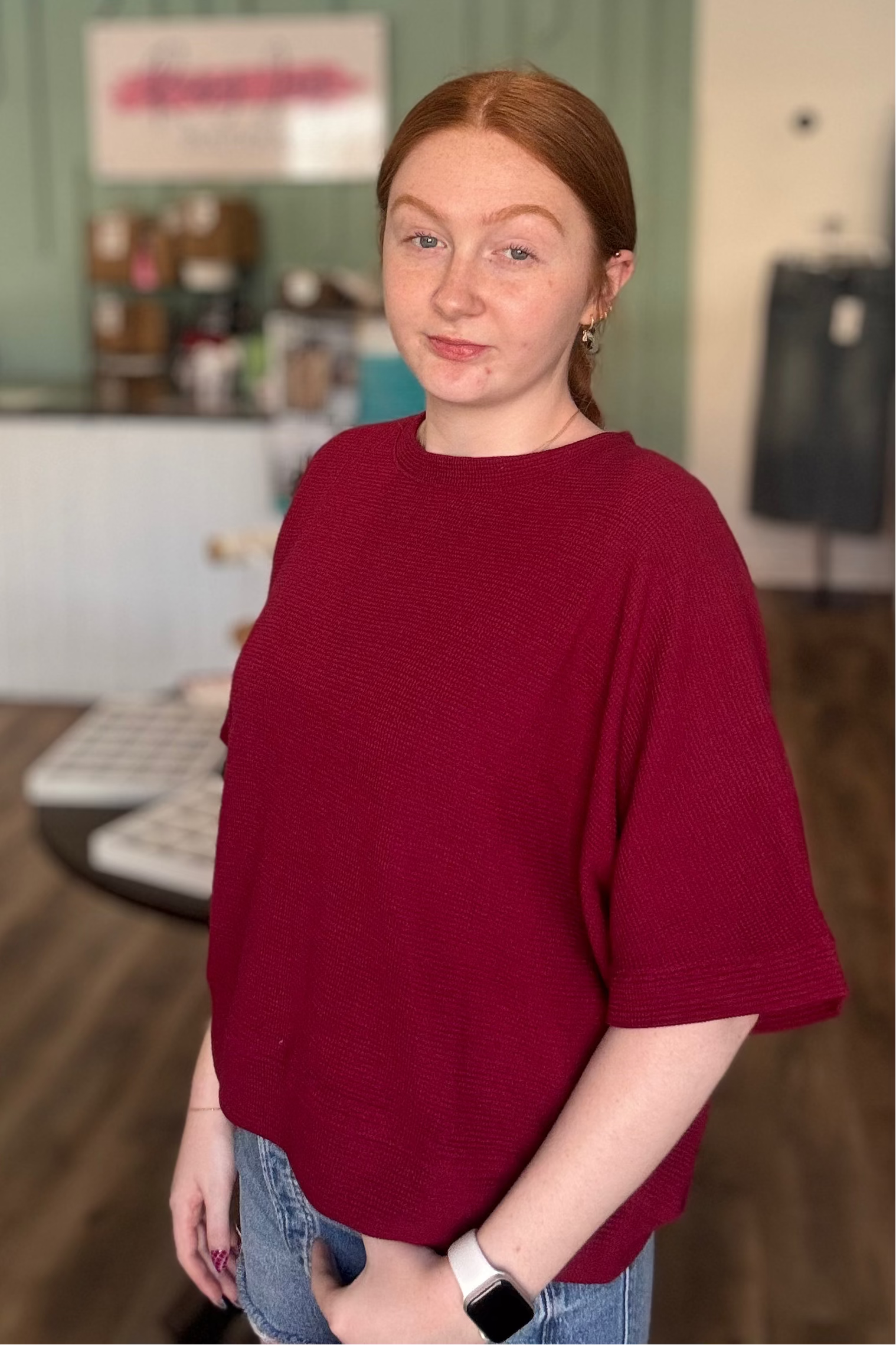Shop Baby Waffle Knit Boxy Top - Cabernet- at Ruby Joy Boutique, a Women's Clothing Store in Pickerington, Ohio