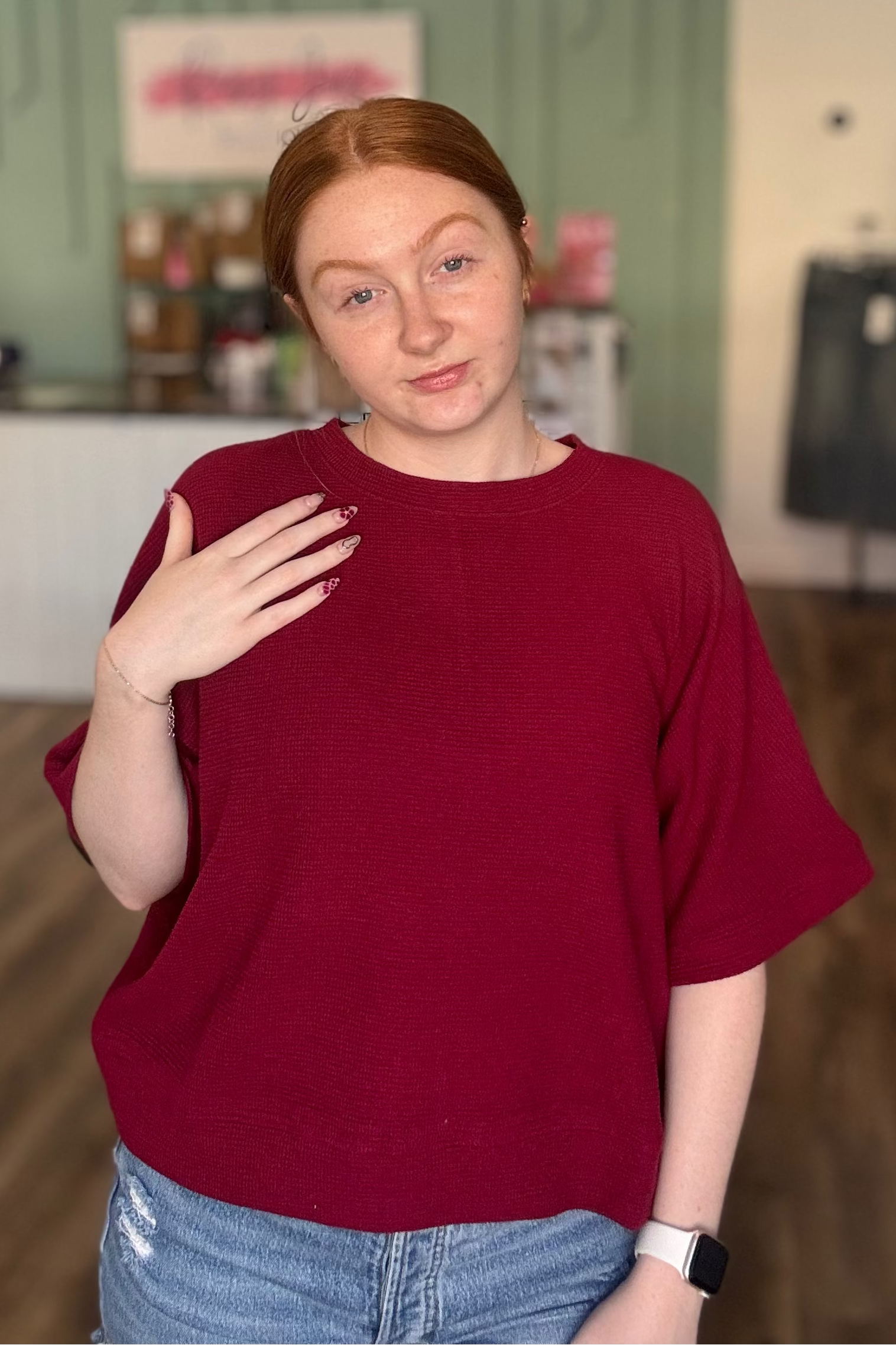 Shop Baby Waffle Knit Boxy Top - Cabernet- at Ruby Joy Boutique, a Women's Clothing Store in Pickerington, Ohio
