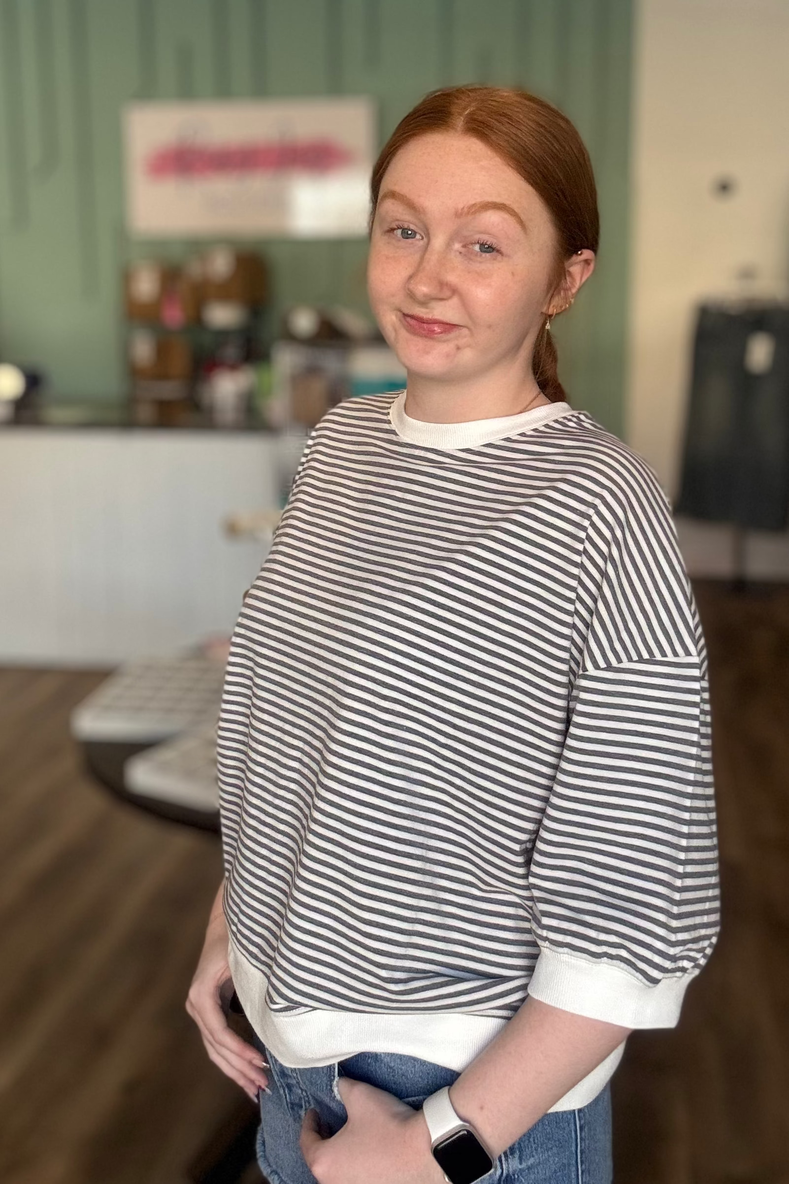 Shop Charcoal Striped Half-Sleeve Top- at Ruby Joy Boutique, a Women's Clothing Store in Pickerington, Ohio