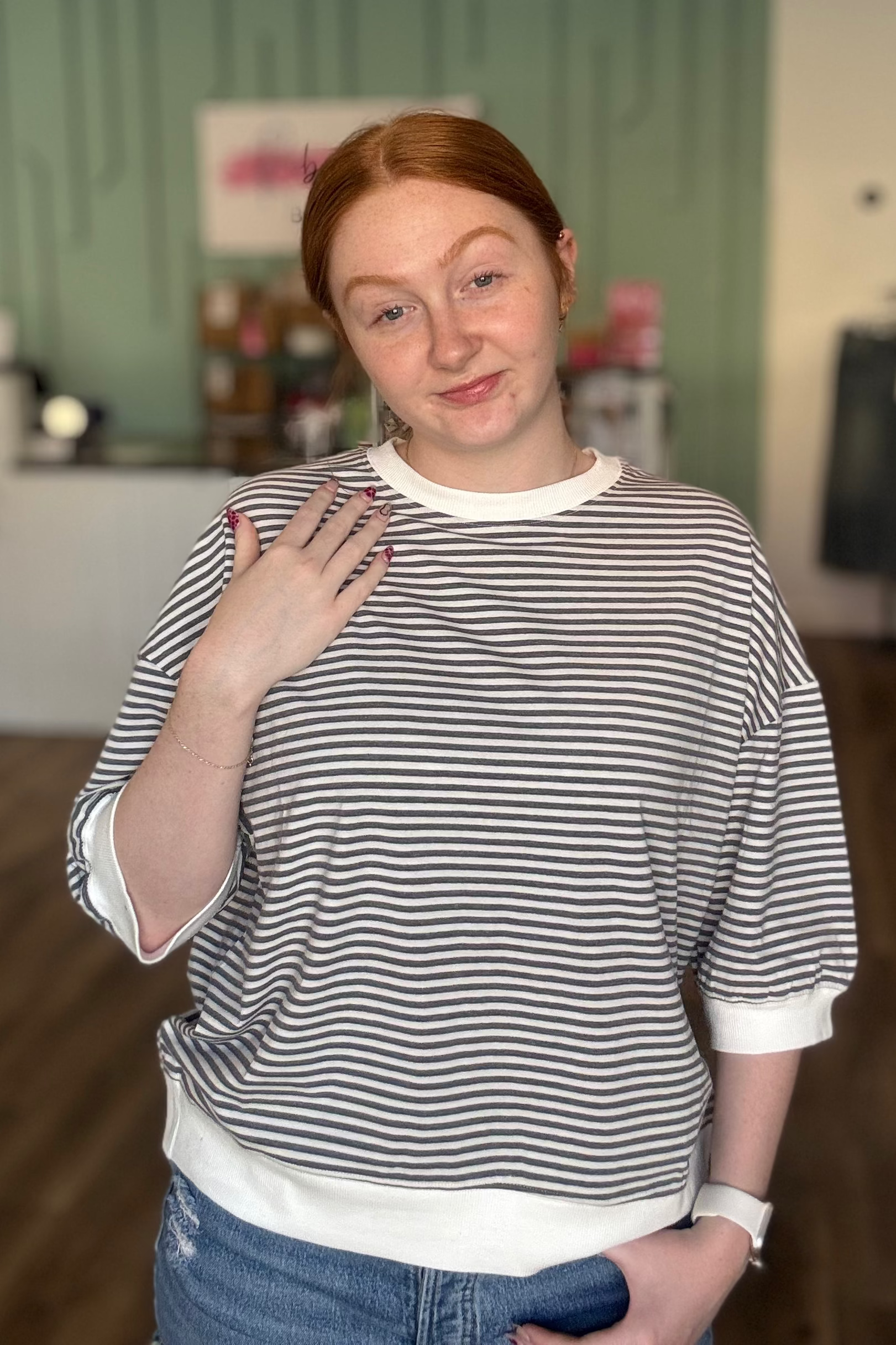Shop Charcoal Striped Half-Sleeve Top- at Ruby Joy Boutique, a Women's Clothing Store in Pickerington, Ohio