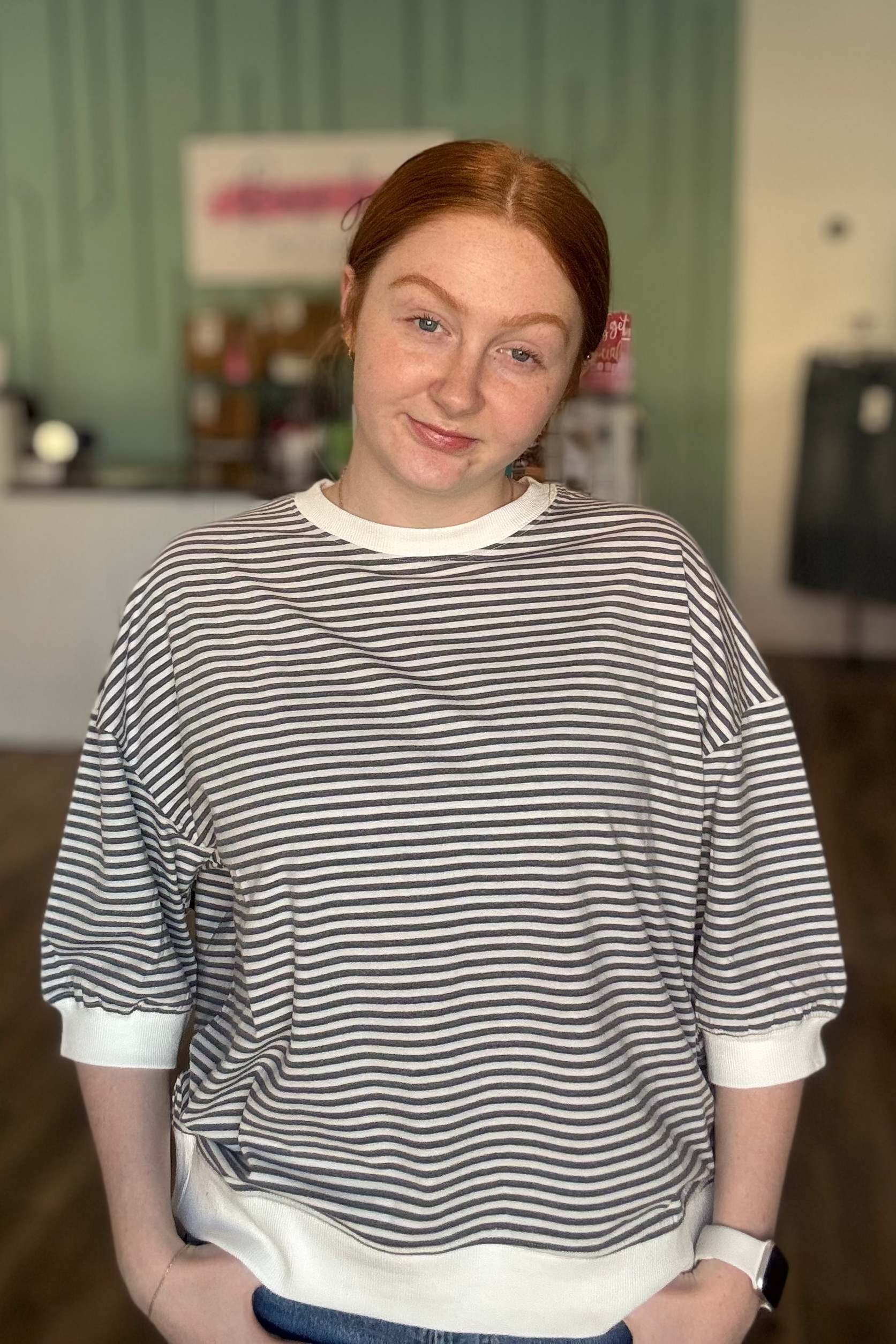 Shop Charcoal Striped Half-Sleeve Top- at Ruby Joy Boutique, a Women's Clothing Store in Pickerington, Ohio