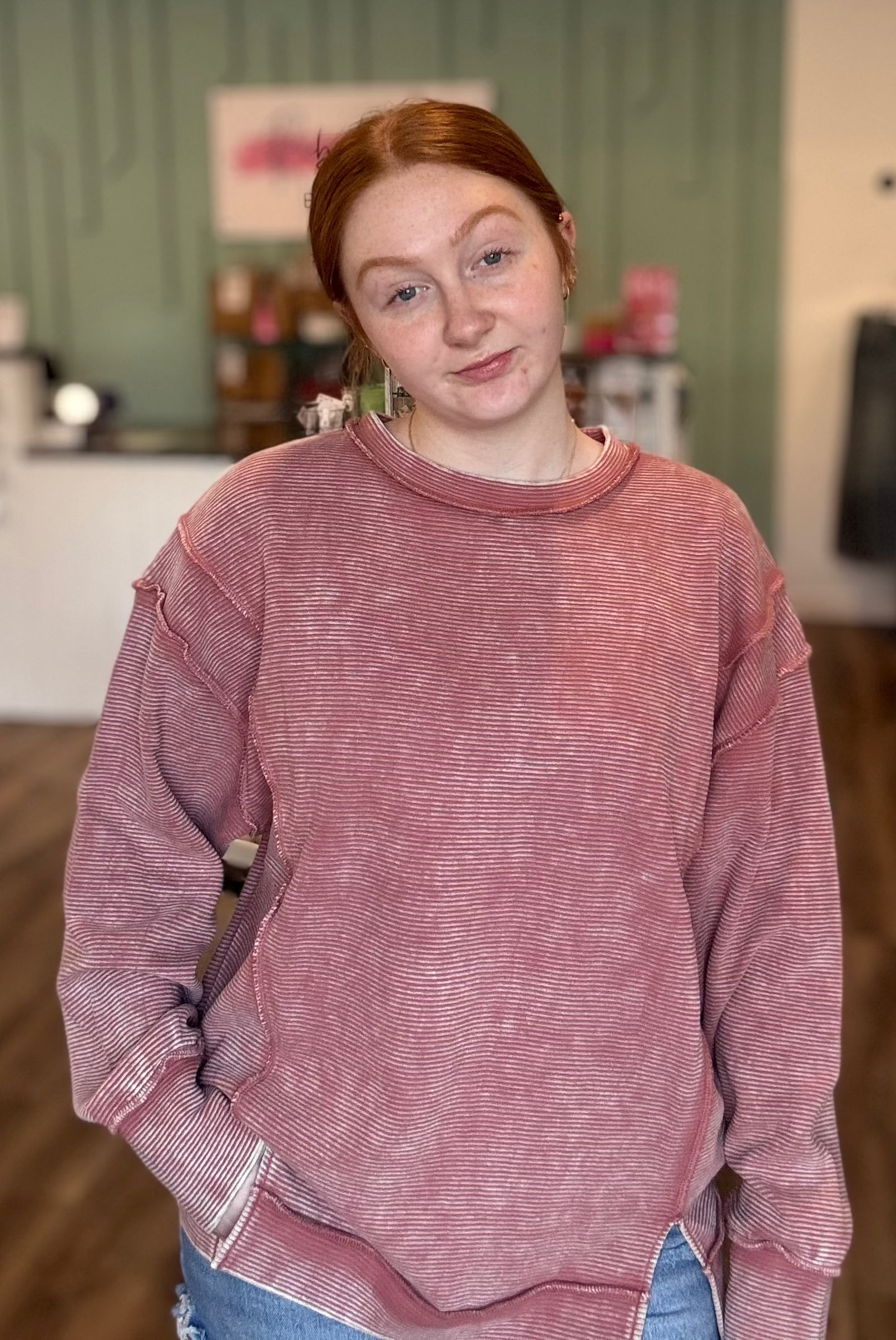 Shop Double Ribbed Washed Pullover - Winter Rose- at Ruby Joy Boutique, a Women's Clothing Store in Pickerington, Ohio
