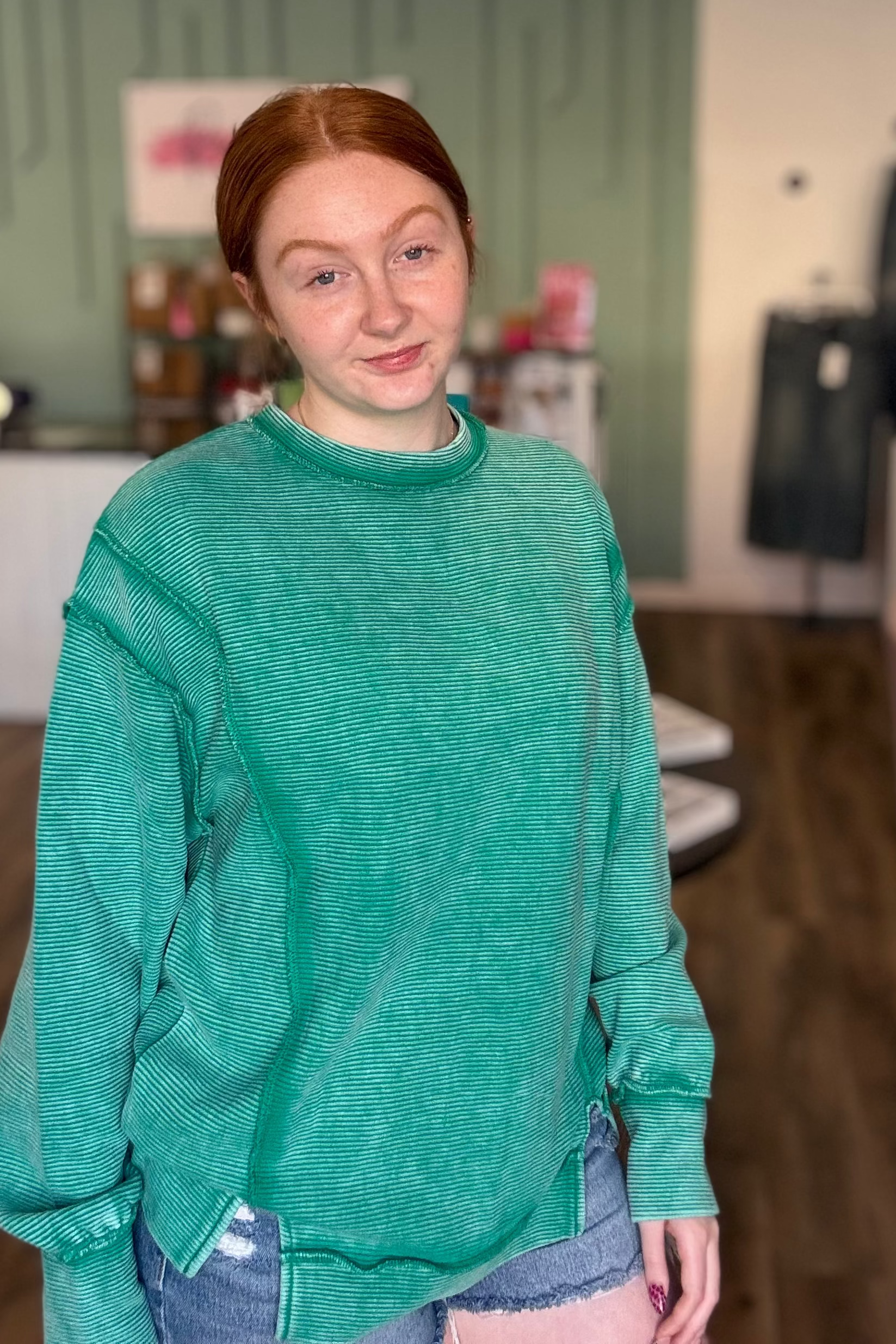 Shop Double Ribbed Washed Pullover - Emerald Green- at Ruby Joy Boutique, a Women's Clothing Store in Pickerington, Ohio