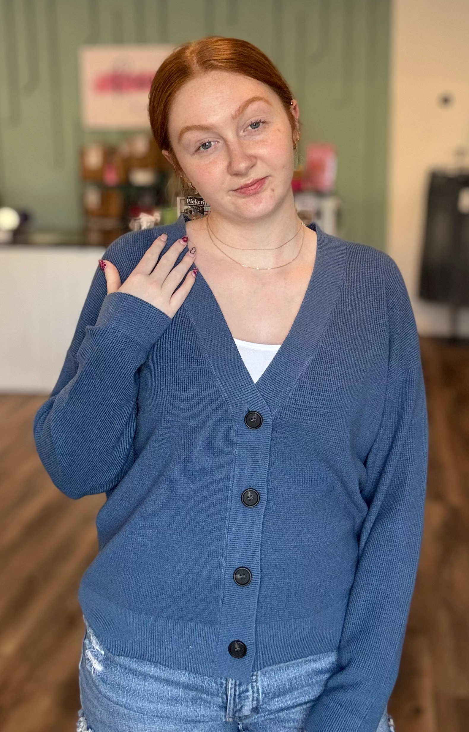 Shop Baby Waffle Knit Button Front Cardigan - Dusty Blue- at Ruby Joy Boutique, a Women's Clothing Store in Pickerington, Ohio