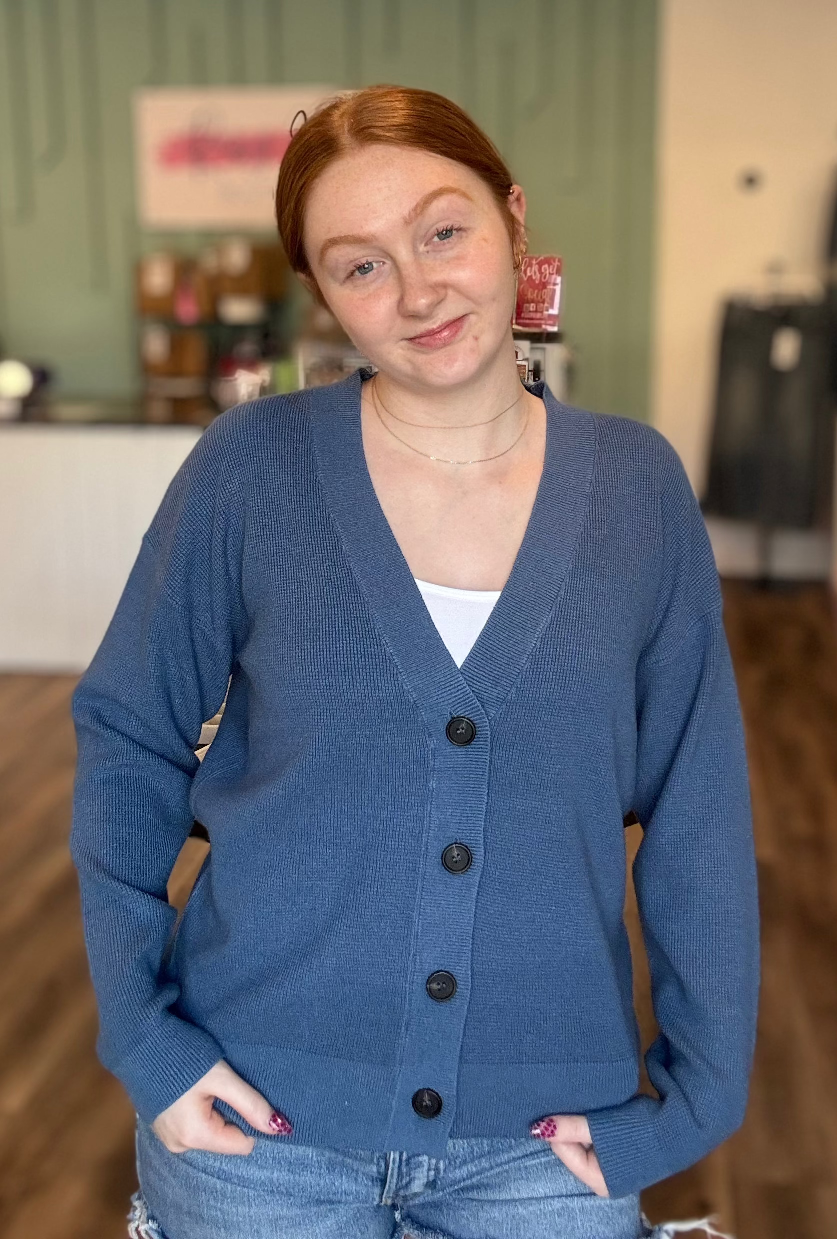 Shop Baby Waffle Knit Button Front Cardigan - Dusty Blue- at Ruby Joy Boutique, a Women's Clothing Store in Pickerington, Ohio