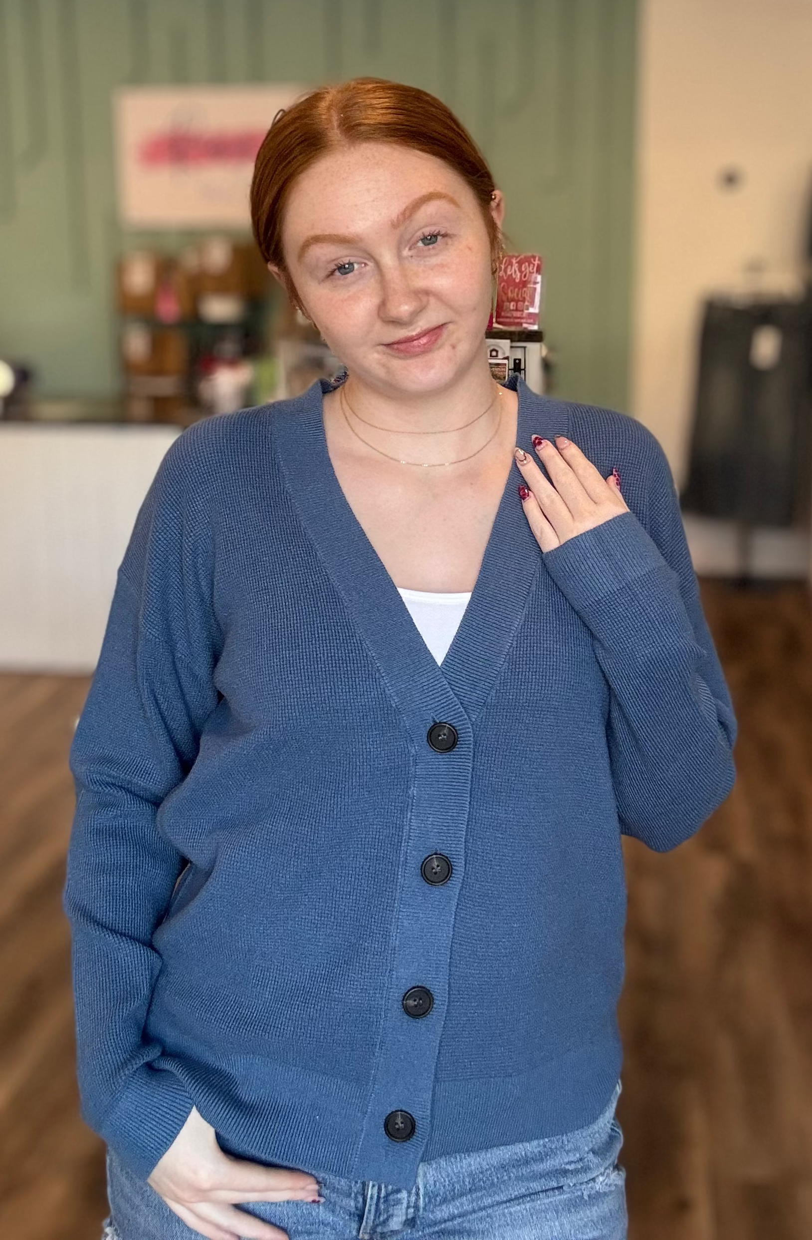 Shop Baby Waffle Knit Button Front Cardigan - Dusty Blue- at Ruby Joy Boutique, a Women's Clothing Store in Pickerington, Ohio