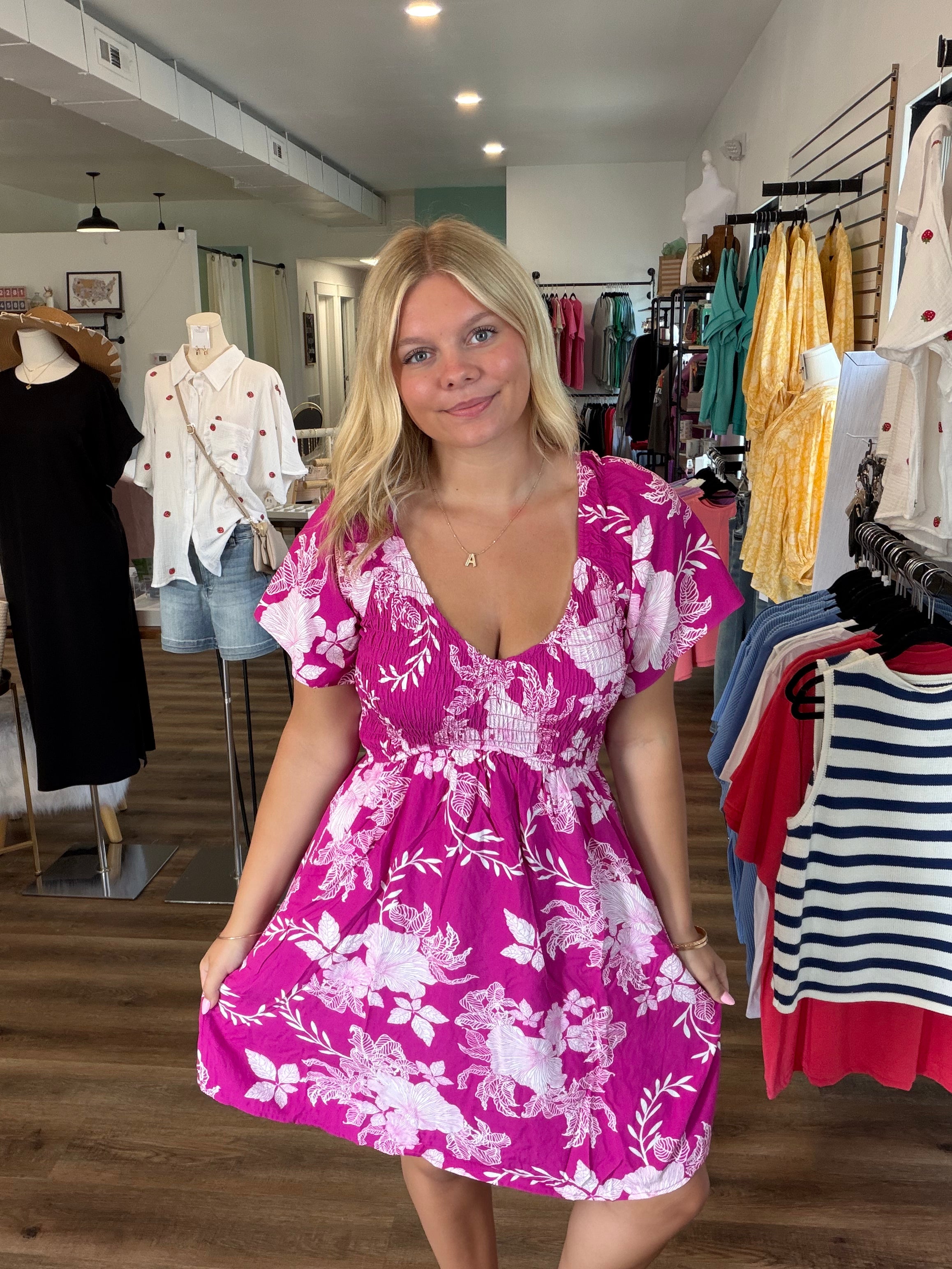 Shop Island Escape Smocked Dress with Pockets - Reversible- at Ruby Joy Boutique, a Women's Clothing Store in Pickerington, Ohio