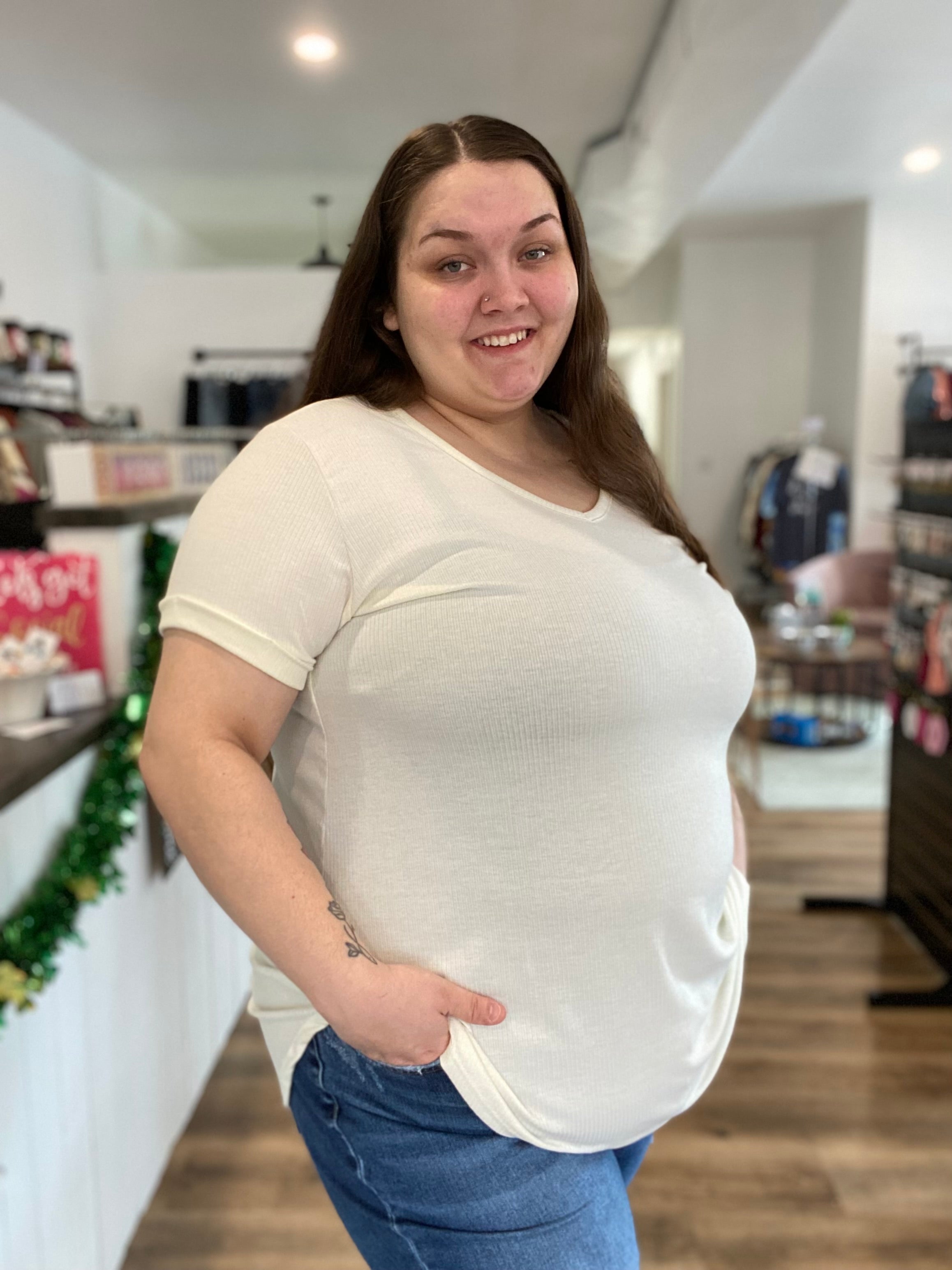Shop Ivory Ribbed Tee-Shirts & Tops at Ruby Joy Boutique, a Women's Clothing Store in Pickerington, Ohio