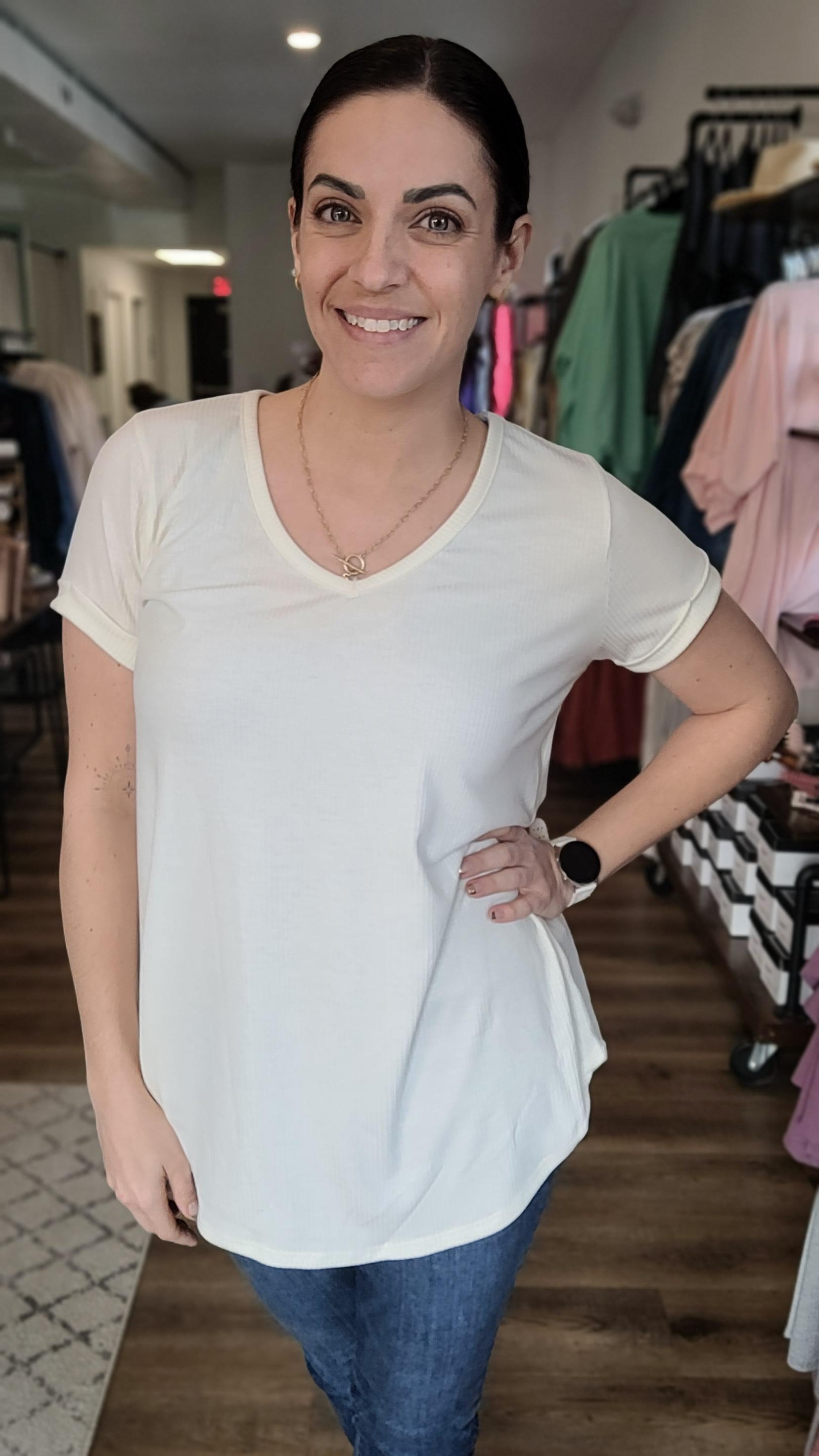 Shop Ivory Ribbed Tee-Shirts & Tops at Ruby Joy Boutique, a Women's Clothing Store in Pickerington, Ohio