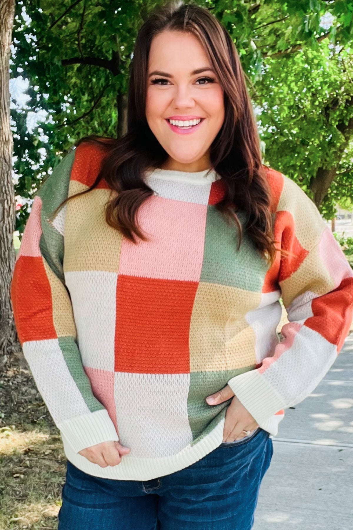 Shop Ivory & Rust Checkered Sweater- at Ruby Joy Boutique, a Women's Clothing Store in Pickerington, Ohio