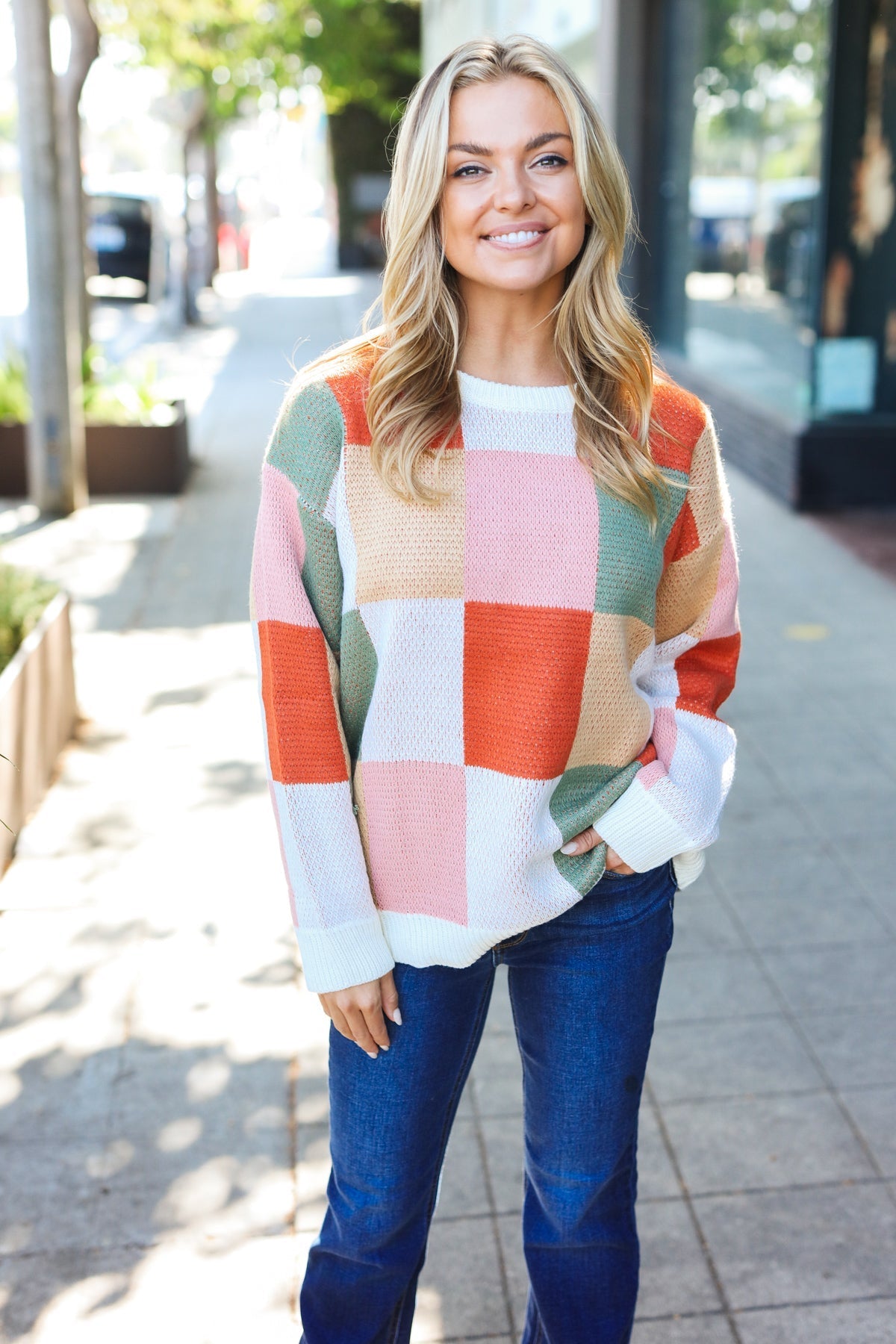 Shop Ivory & Rust Checkered Sweater- at Ruby Joy Boutique, a Women's Clothing Store in Pickerington, Ohio