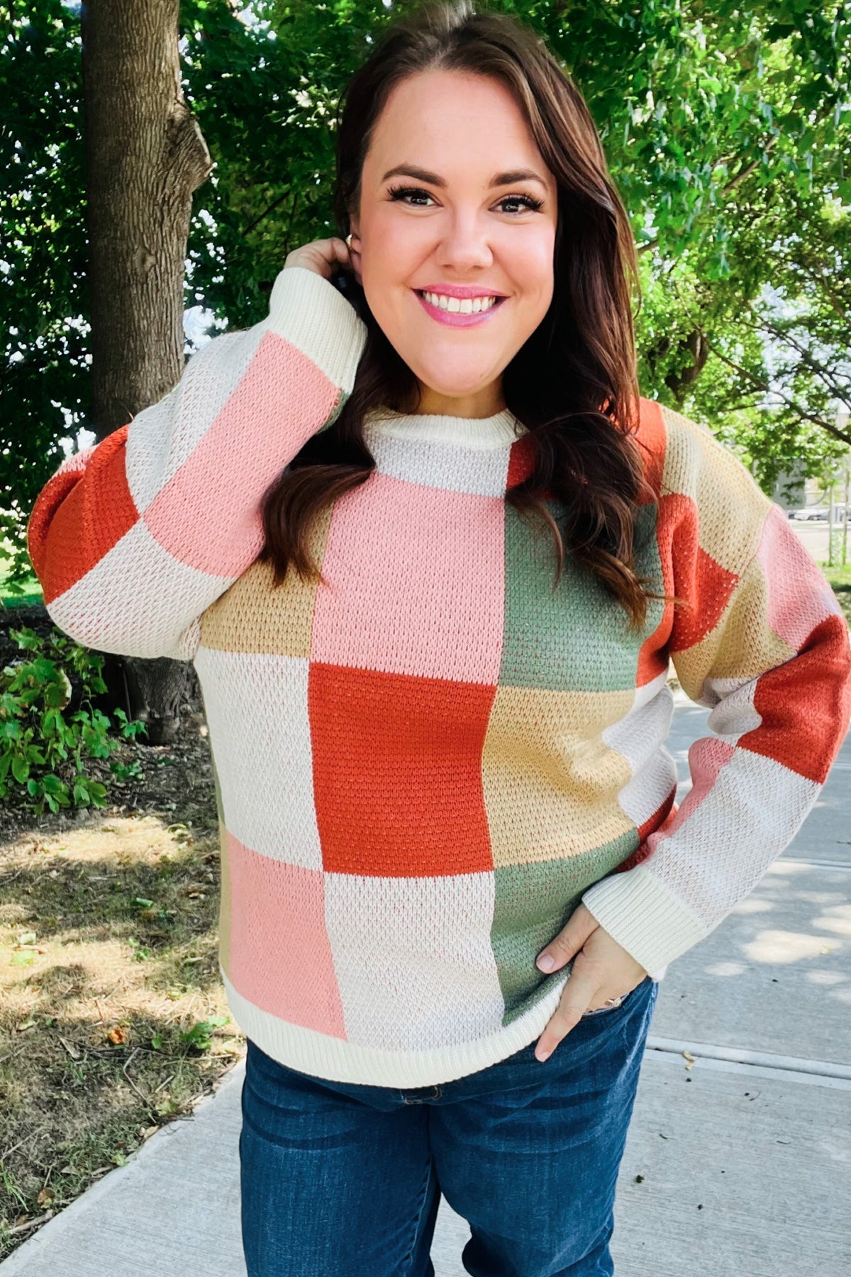 Shop Ivory & Rust Checkered Sweater- at Ruby Joy Boutique, a Women's Clothing Store in Pickerington, Ohio