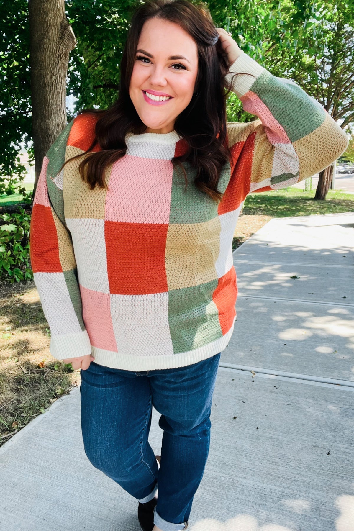 Shop Ivory & Rust Checkered Sweater- at Ruby Joy Boutique, a Women's Clothing Store in Pickerington, Ohio