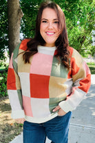 Shop Ivory & Rust Checkered Sweater- at Ruby Joy Boutique, a Women's Clothing Store in Pickerington, Ohio