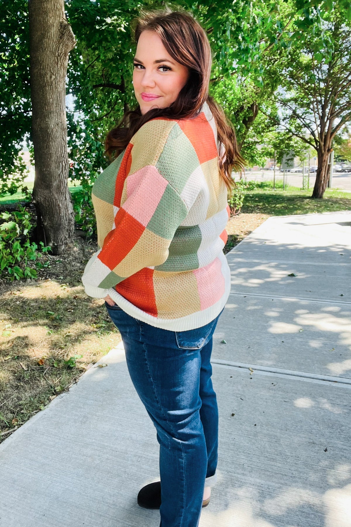 Shop Ivory & Rust Checkered Sweater- at Ruby Joy Boutique, a Women's Clothing Store in Pickerington, Ohio