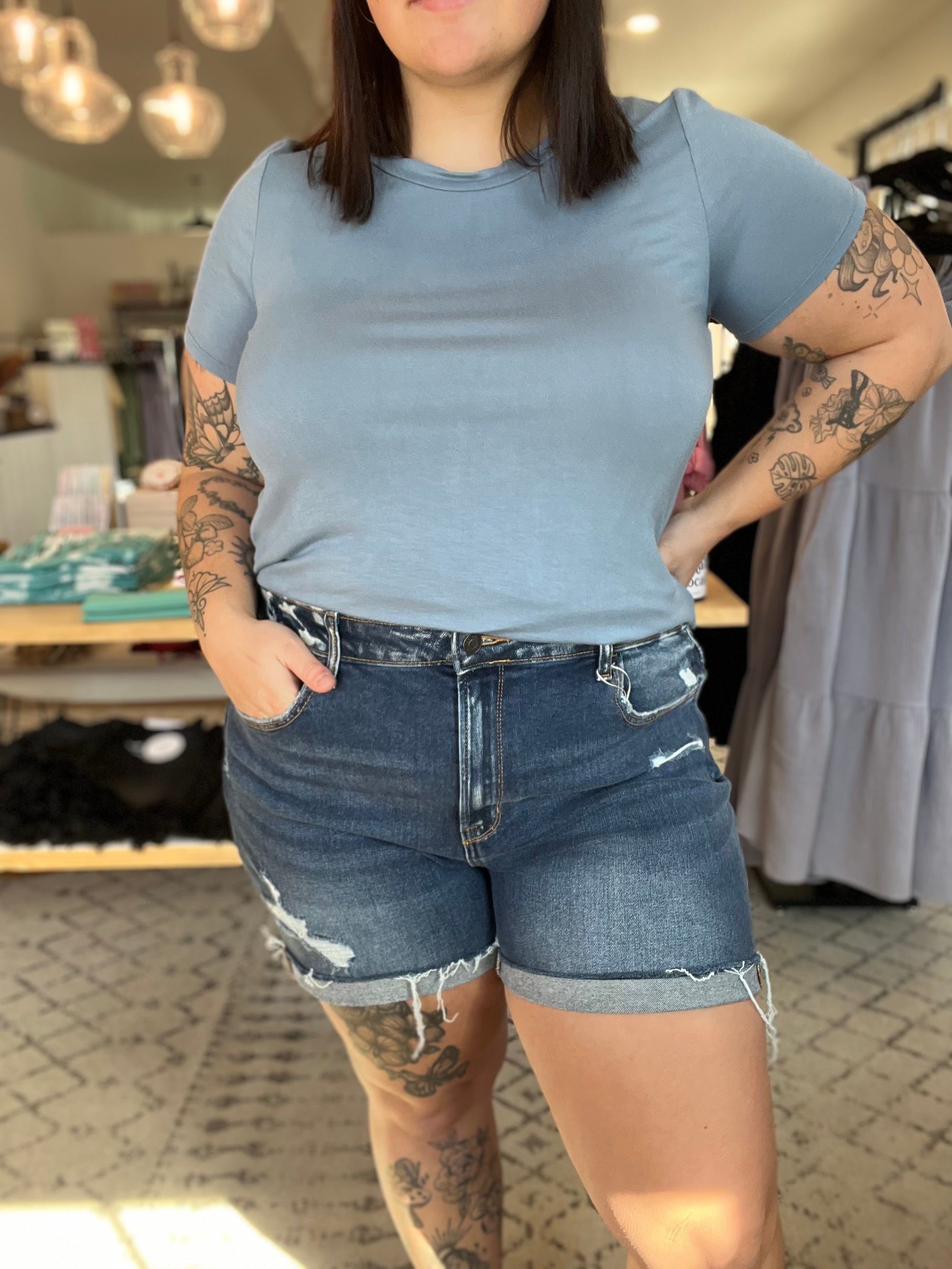 Shop Jada Cuffed Hem Denim Shorts | Zenana-Shorts at Ruby Joy Boutique, a Women's Clothing Store in Pickerington, Ohio