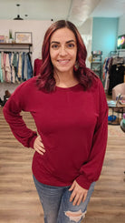 Shop Jessie Side Slit Sweatshirt - Deep Red-Shirts & Tops at Ruby Joy Boutique, a Women's Clothing Store in Pickerington, Ohio