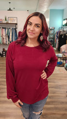 Shop Jessie Side Slit Sweatshirt - Deep Red-Shirts & Tops at Ruby Joy Boutique, a Women's Clothing Store in Pickerington, Ohio