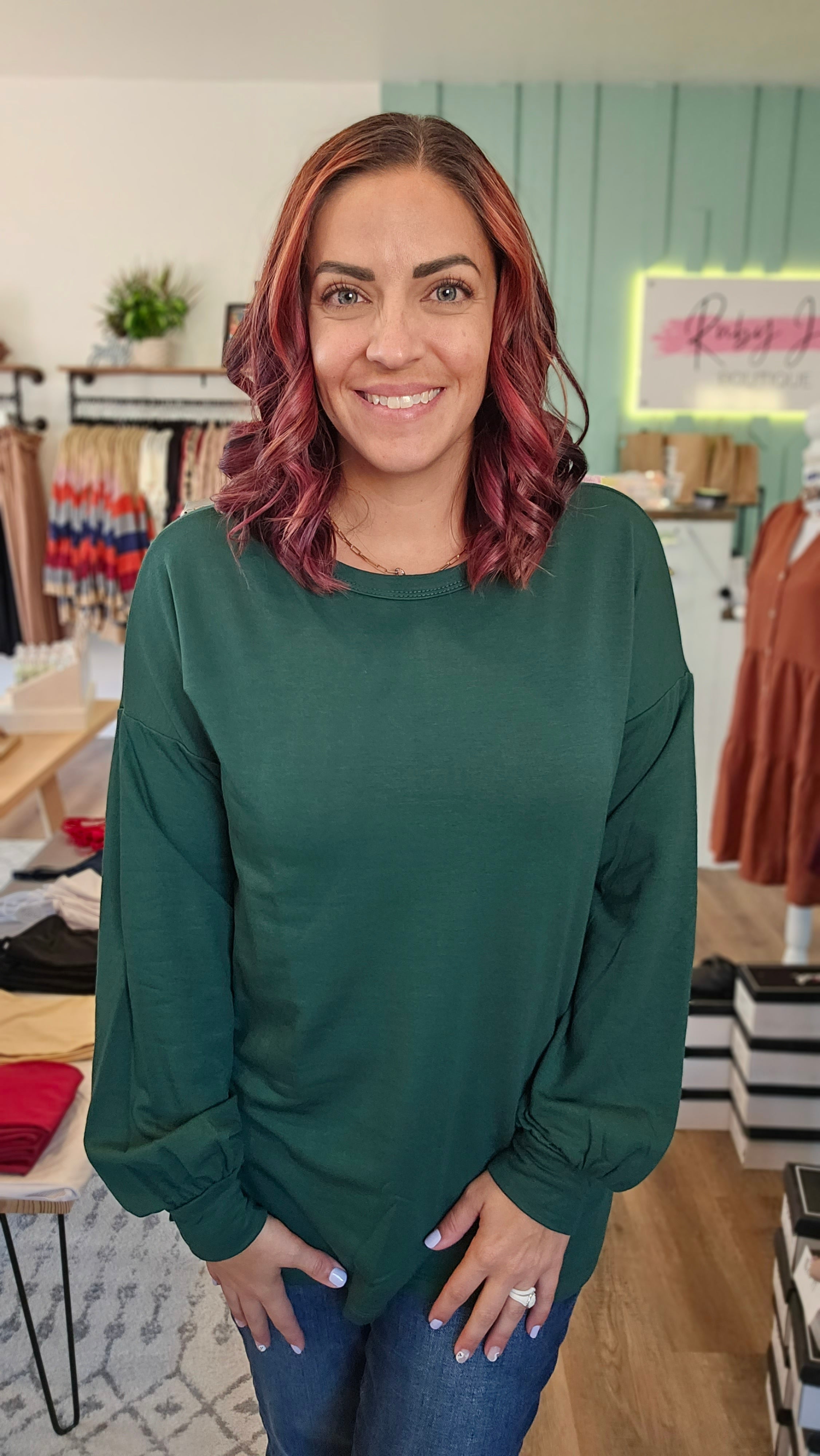 Shop Jessie Side Slit Sweatshirt - Hunter Green-Shirts & Tops at Ruby Joy Boutique, a Women's Clothing Store in Pickerington, Ohio