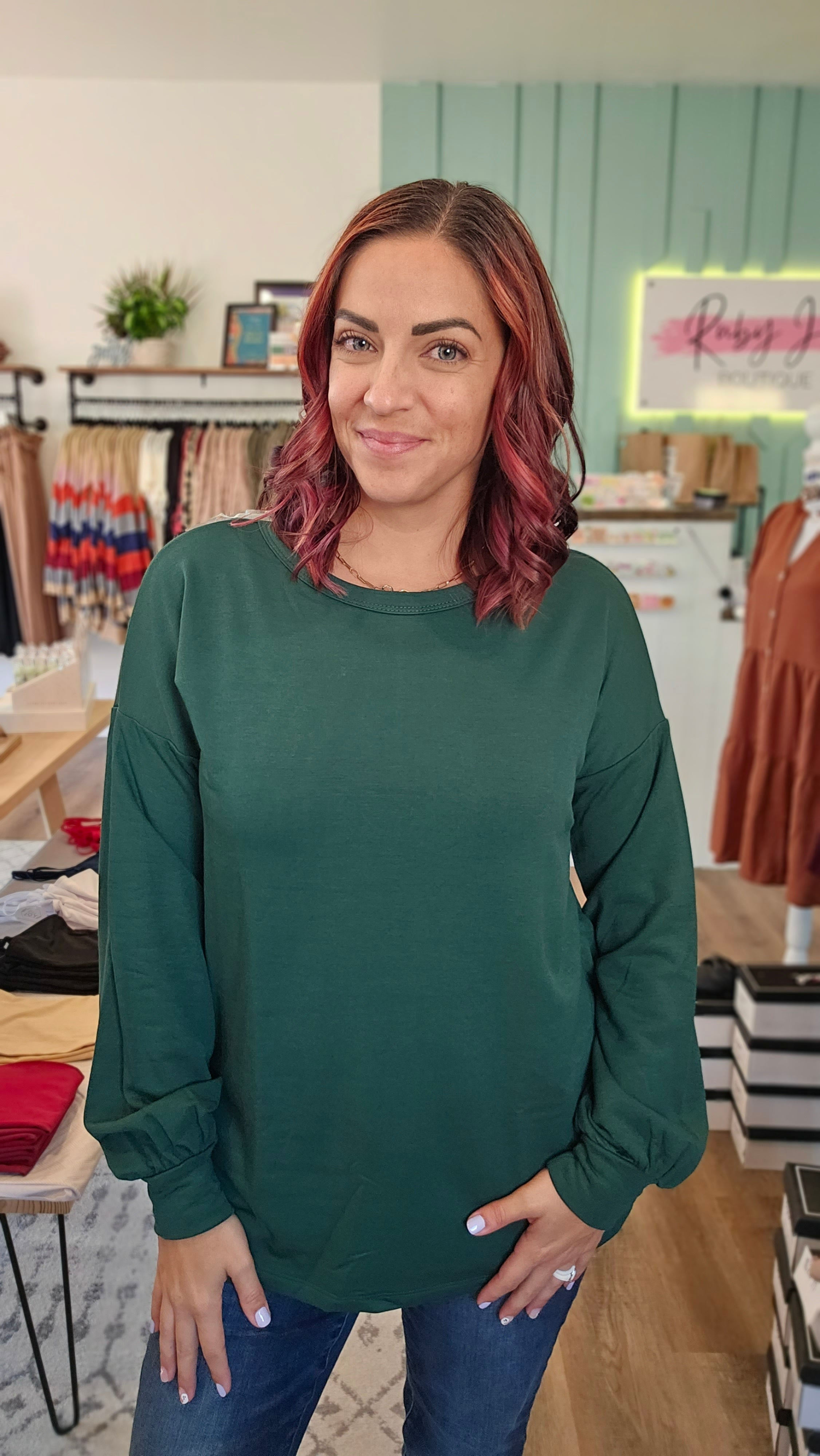 Shop Jessie Side Slit Sweatshirt - Hunter Green-Shirts & Tops at Ruby Joy Boutique, a Women's Clothing Store in Pickerington, Ohio