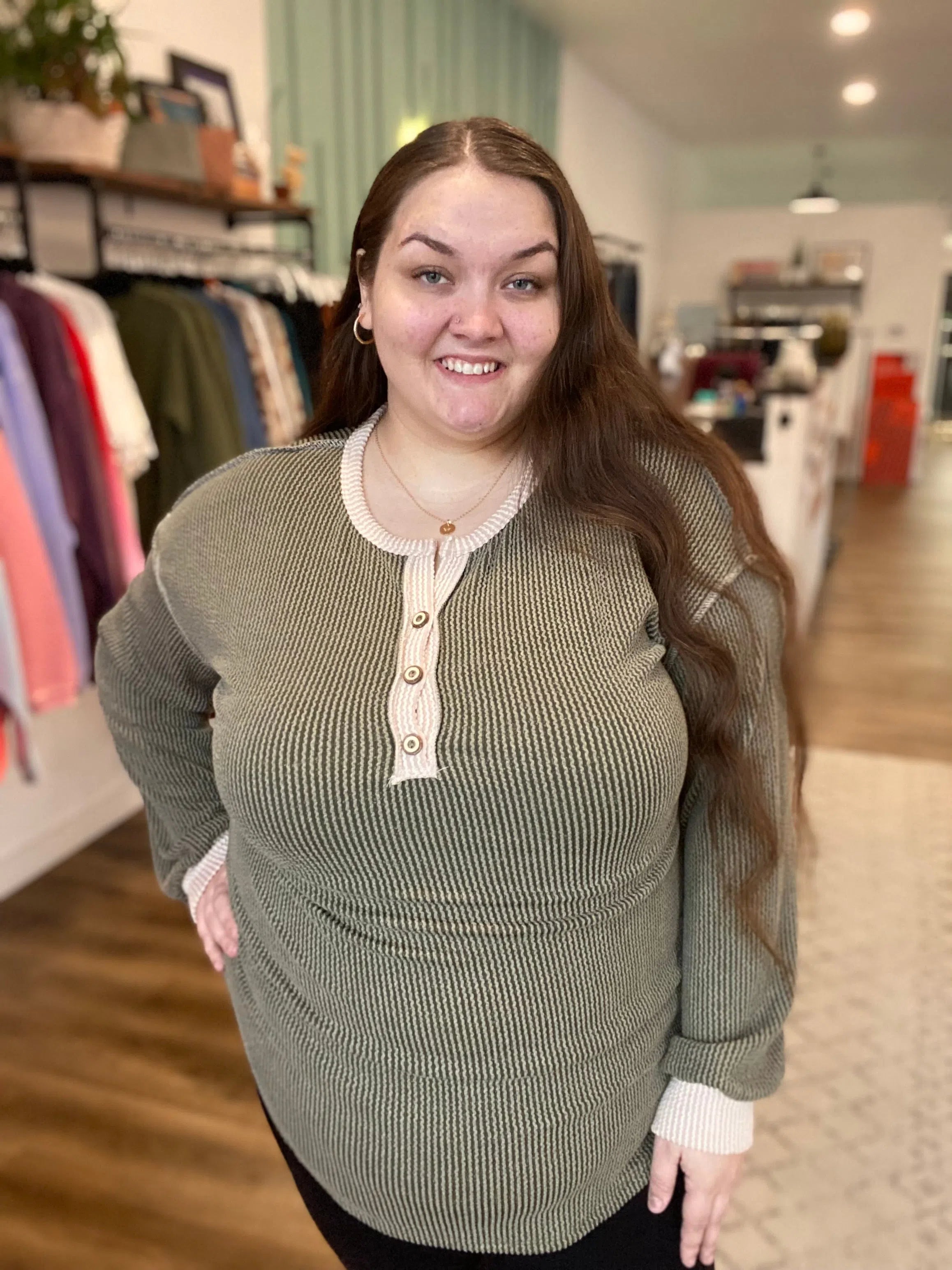 Shop Juniper Henley Top-Shirts & Tops at Ruby Joy Boutique, a Women's Clothing Store in Pickerington, Ohio