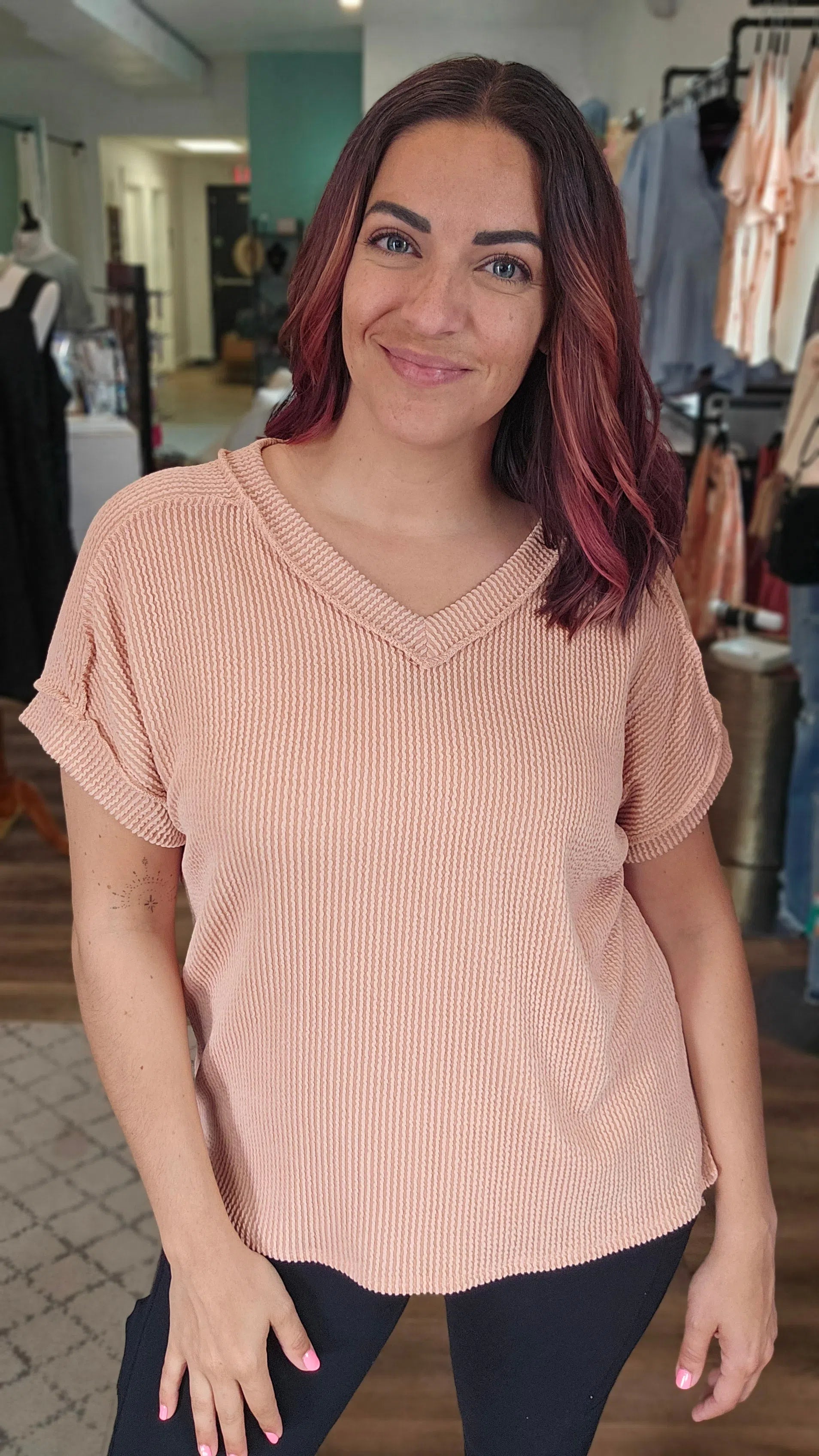 Shop Just Peachy Ribbed Tee-Short Sleeve Top at Ruby Joy Boutique, a Women's Clothing Store in Pickerington, Ohio