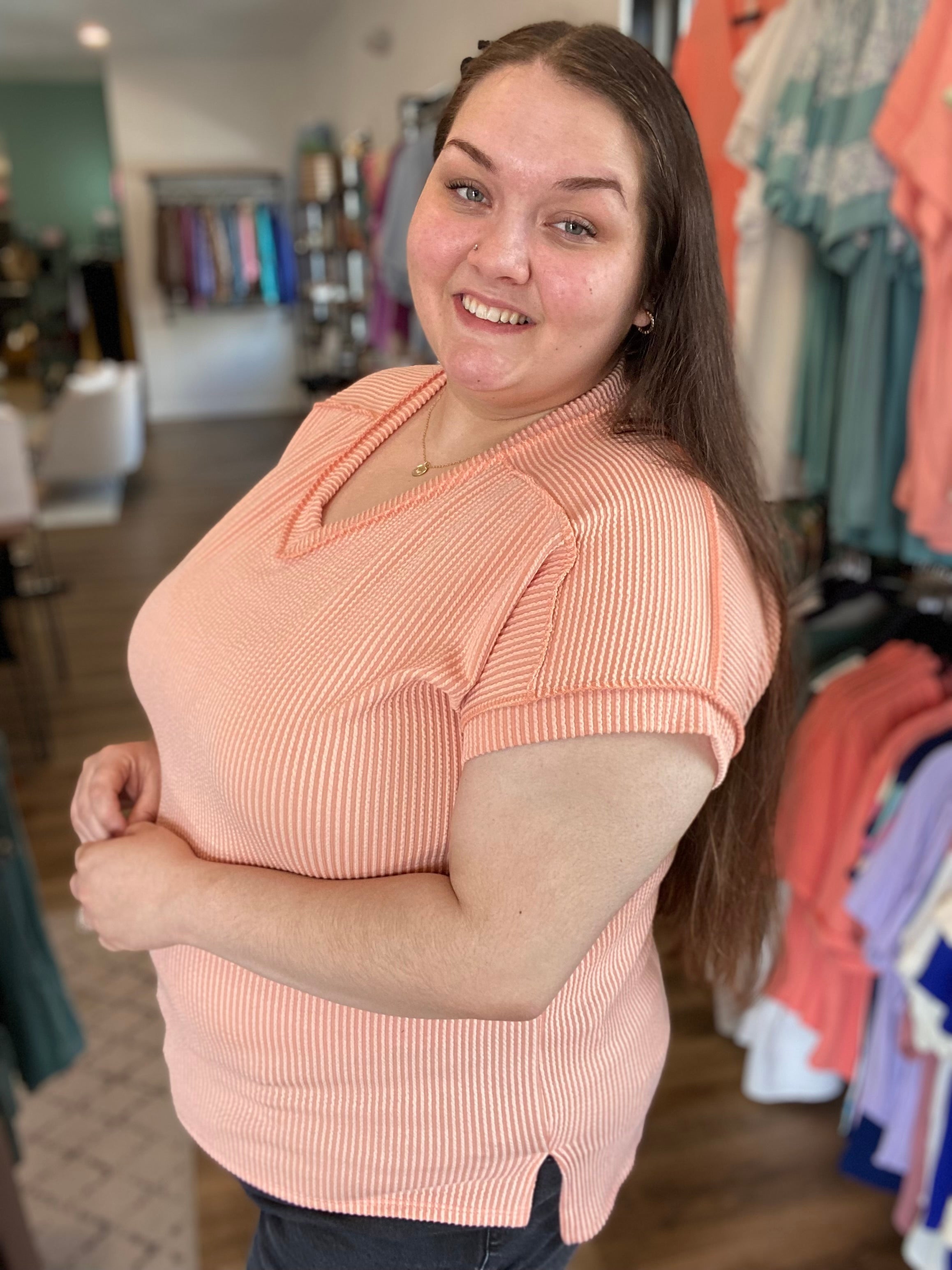 Shop Just Peachy Ribbed Tee-Shirts & Tops at Ruby Joy Boutique, a Women's Clothing Store in Pickerington, Ohio