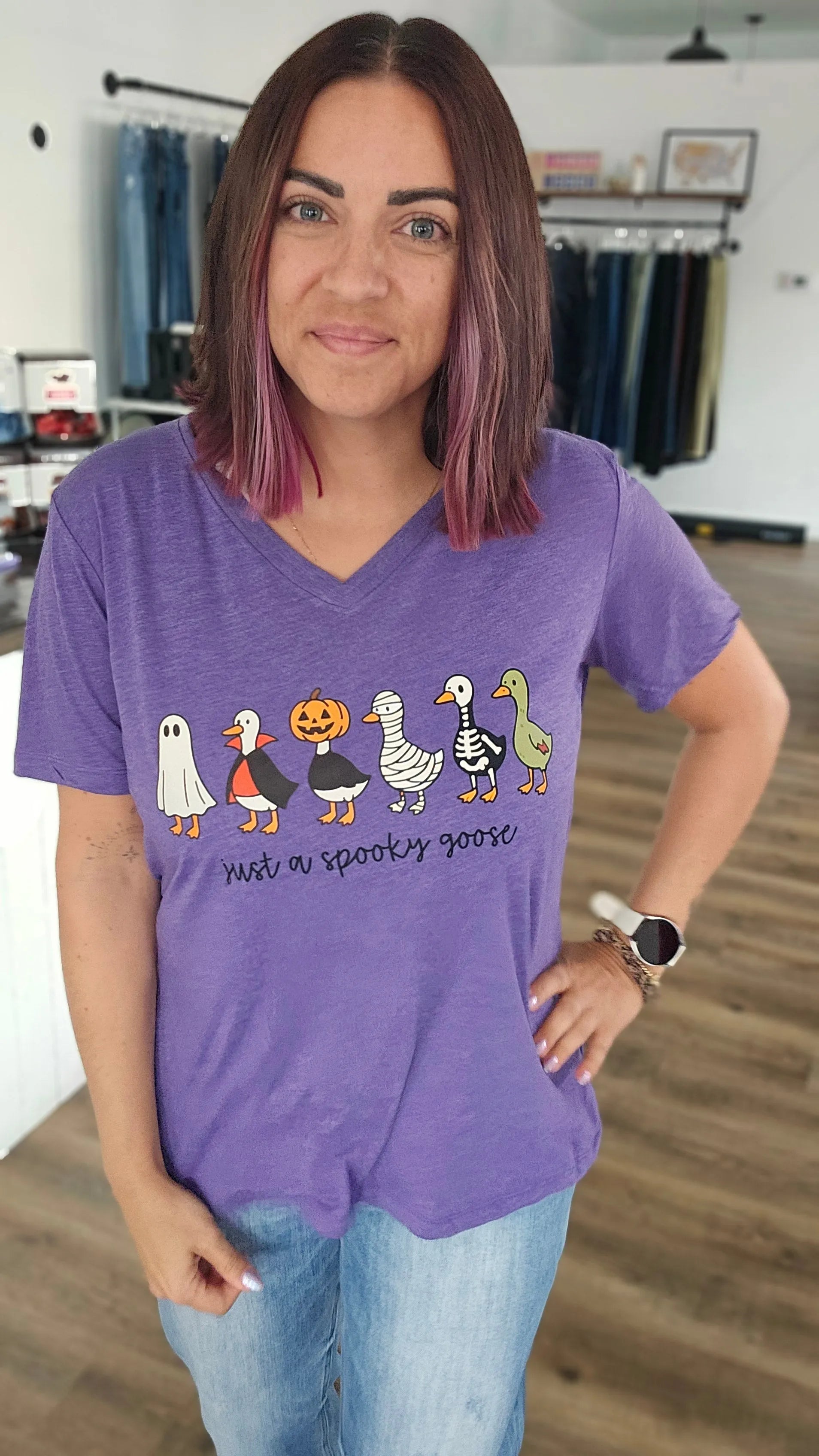 Shop Just a Spooky Goose Halloween Tee-Small at Ruby Joy Boutique, a Women's Clothing Store in Pickerington, Ohio