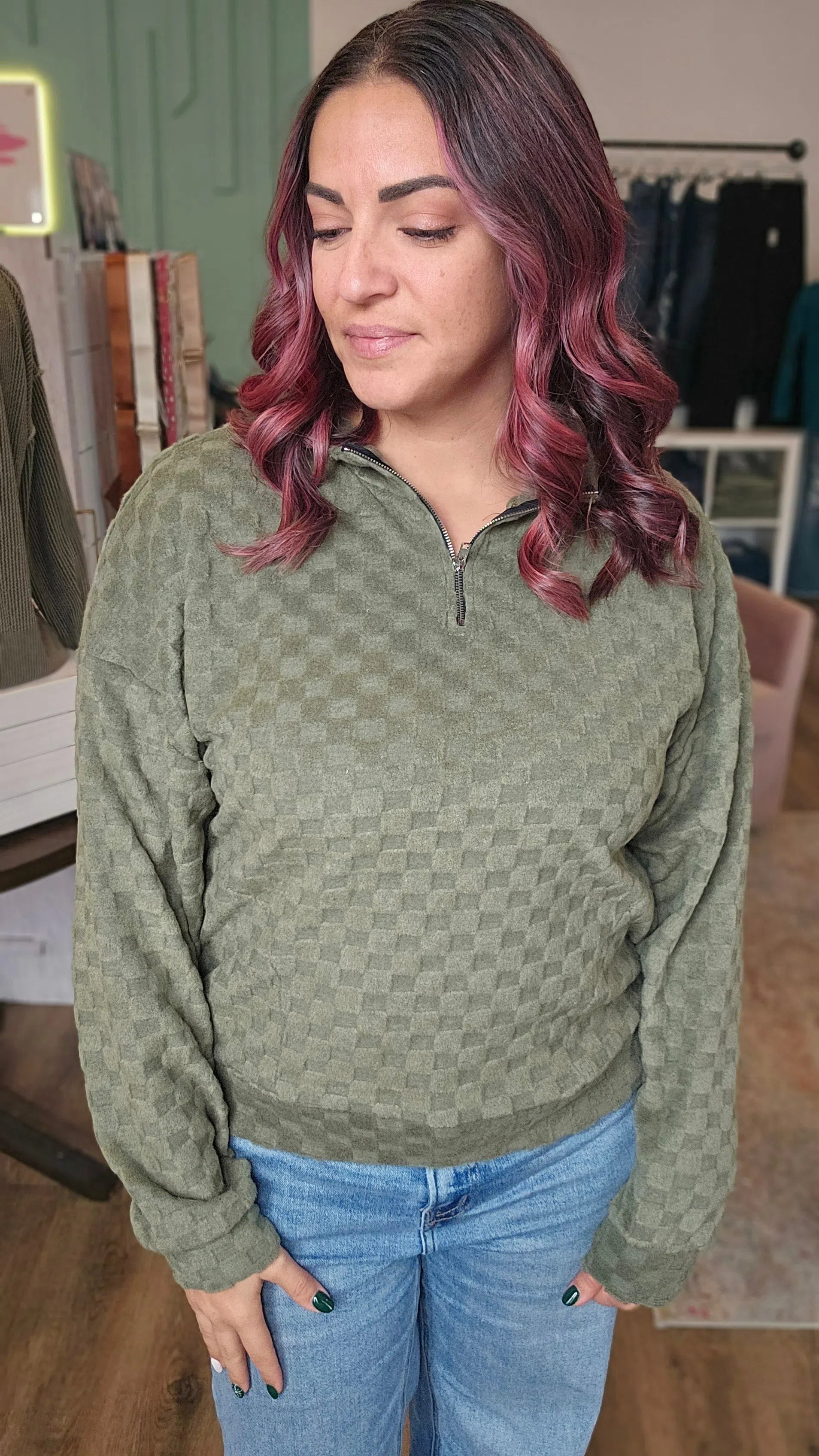 Shop Kali Quarter-Zip Checkered Pullover-Shirts at Ruby Joy Boutique, a Women's Clothing Store in Pickerington, Ohio