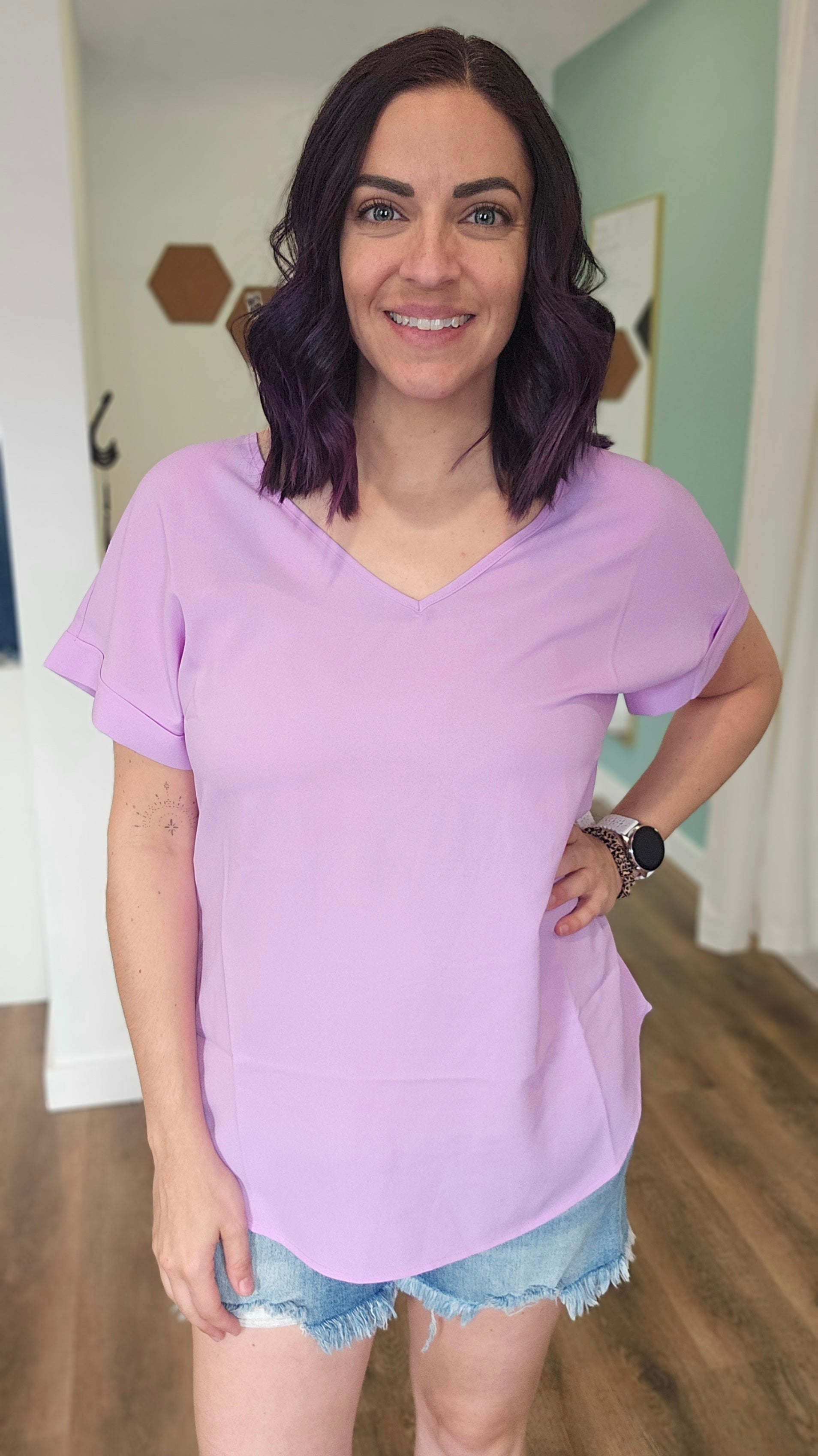 Shop Kara V-neck Cuffed Sleeve Blouse-Blouse at Ruby Joy Boutique, a Women's Clothing Store in Pickerington, Ohio