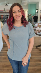 Shop Katie Denim Blue Ribbed Tee-Shirts & Tops at Ruby Joy Boutique, a Women's Clothing Store in Pickerington, Ohio