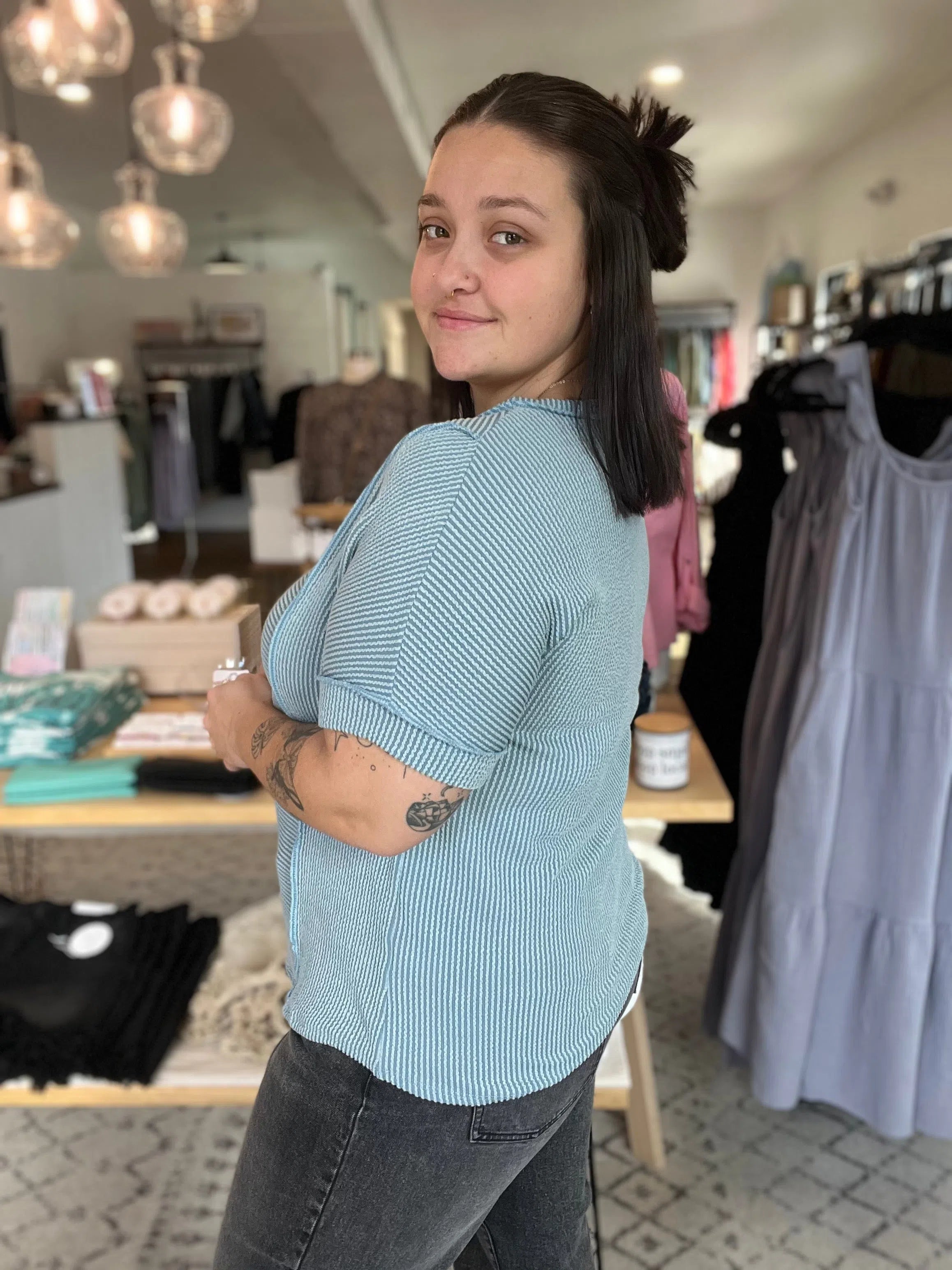 Shop Katie Denim Blue Ribbed Tee-Shirts & Tops at Ruby Joy Boutique, a Women's Clothing Store in Pickerington, Ohio