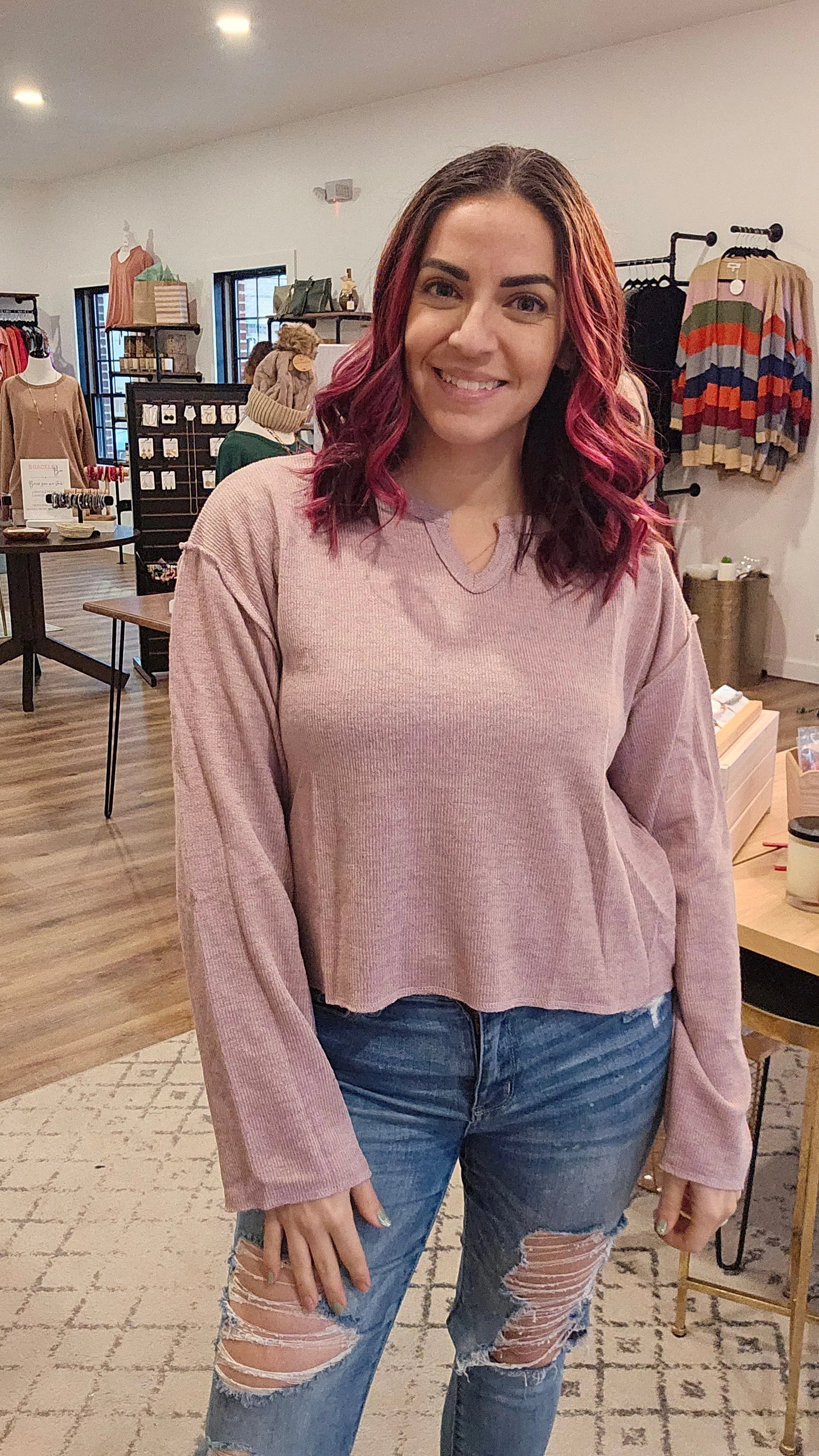 Shop Kayte V-Notch Top-Shirts & Tops at Ruby Joy Boutique, a Women's Clothing Store in Pickerington, Ohio